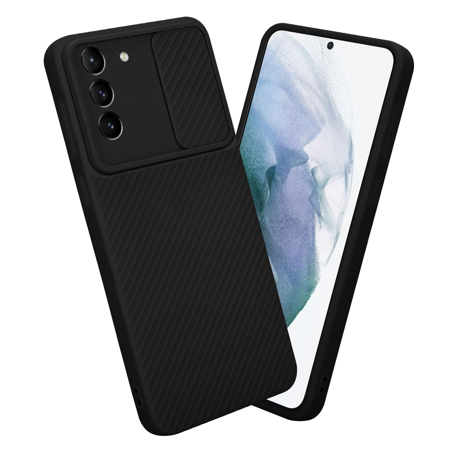 Custodia per telefono nera con ritaglio per fotocamera. Il telefono all'interno ha uno schermo visibile e un bordo nero.