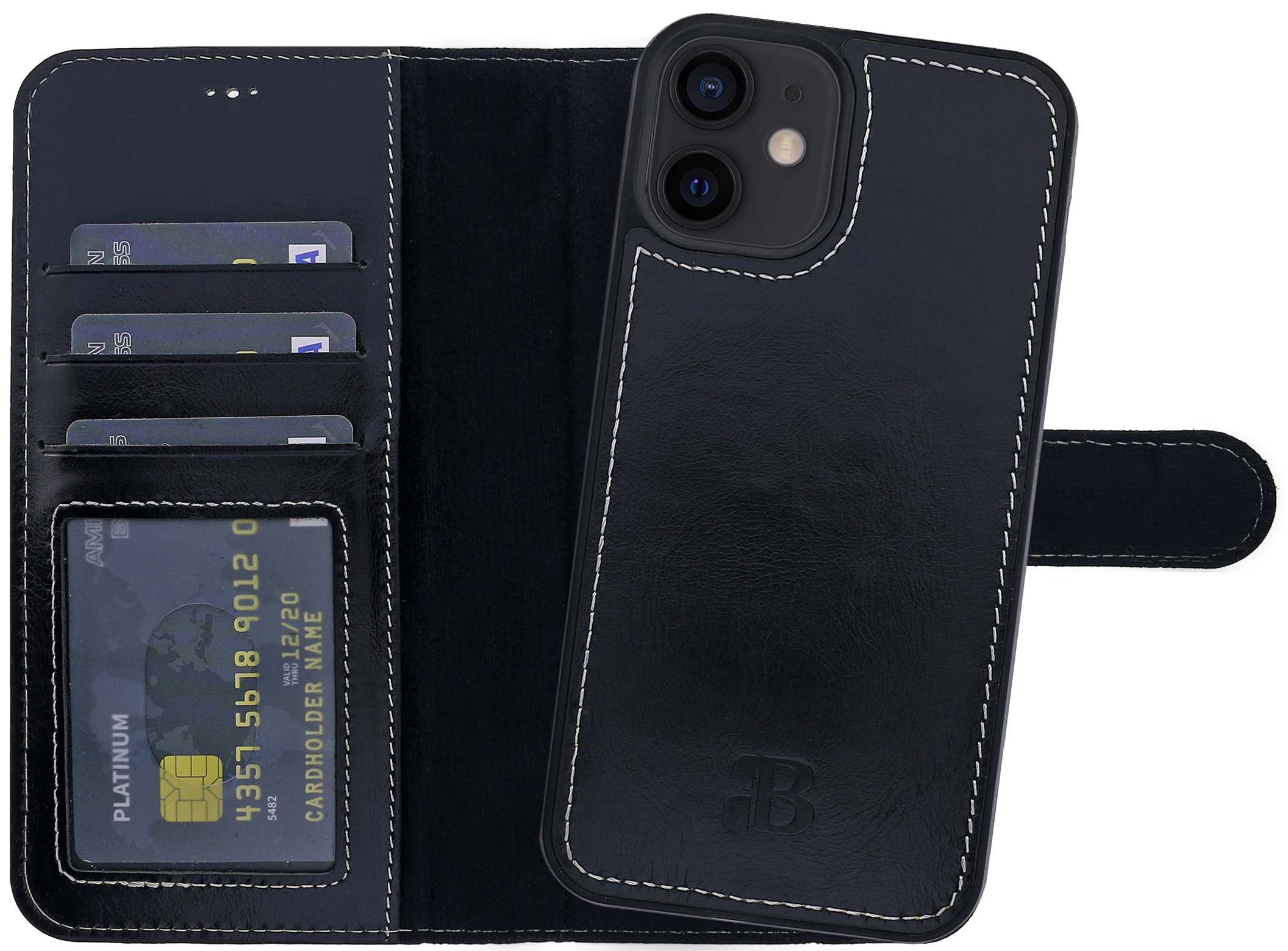 BURKLEY Premium 2-in-1 13, Apple, Handytasche Cover, Schwarz Leder iPhone mit modularem Cover, Full
