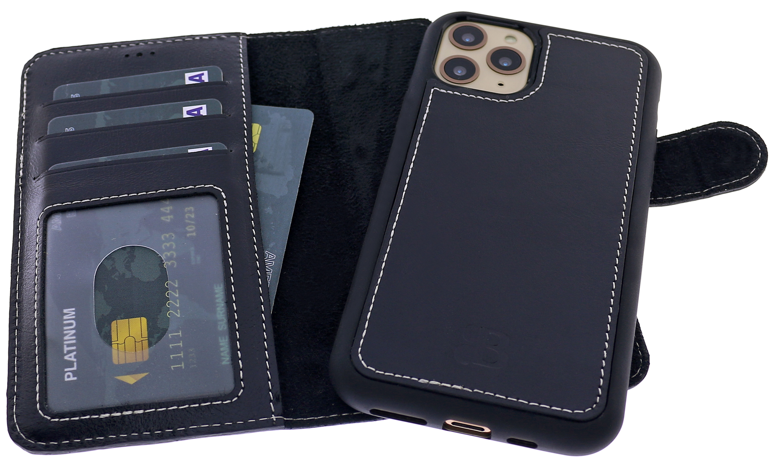 BURKLEY Premium 2-in-1 13, Apple, Handytasche Cover, Schwarz Leder iPhone mit modularem Cover, Full