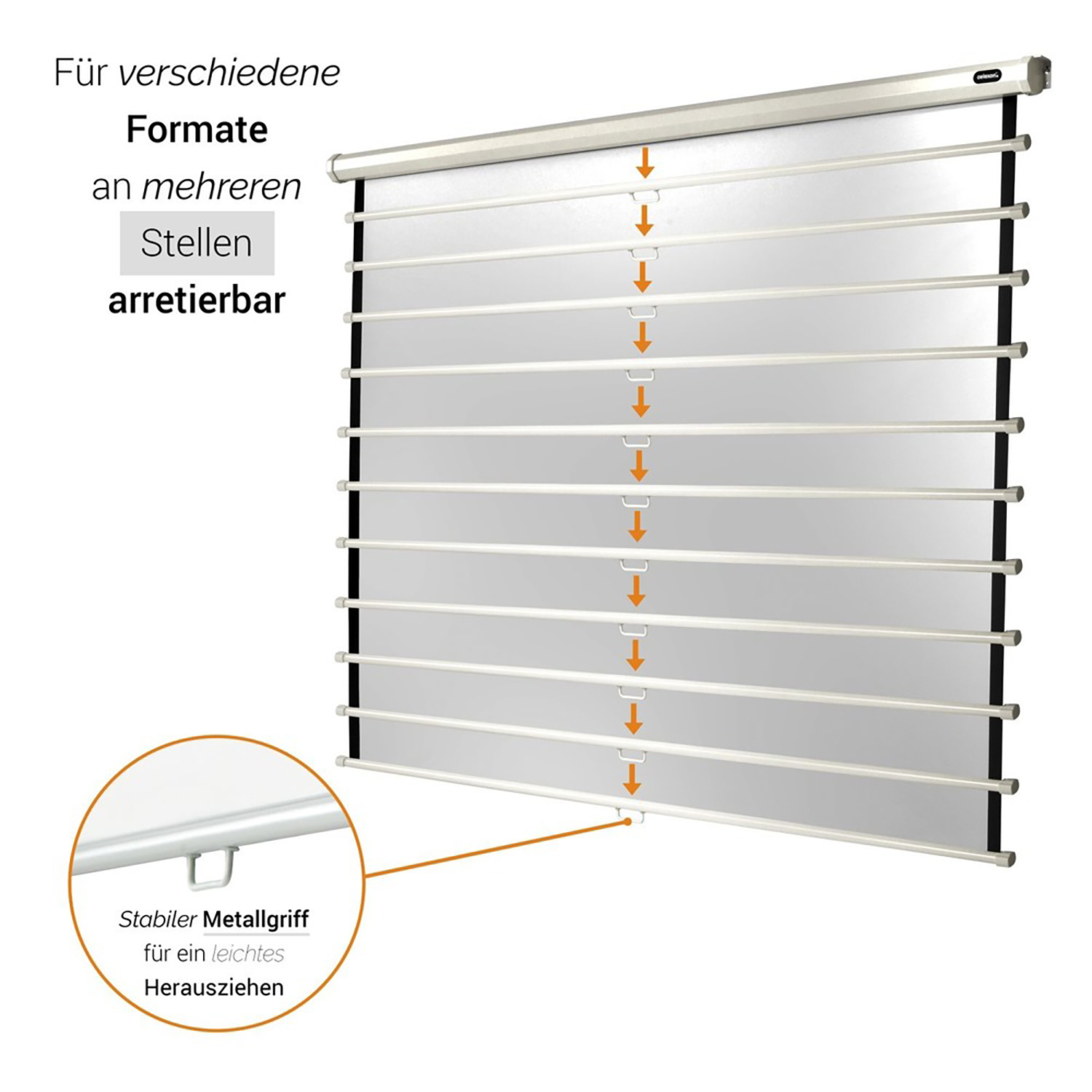 Weisse Projektorleinwand. Deutscher Text über Formate und Griff.