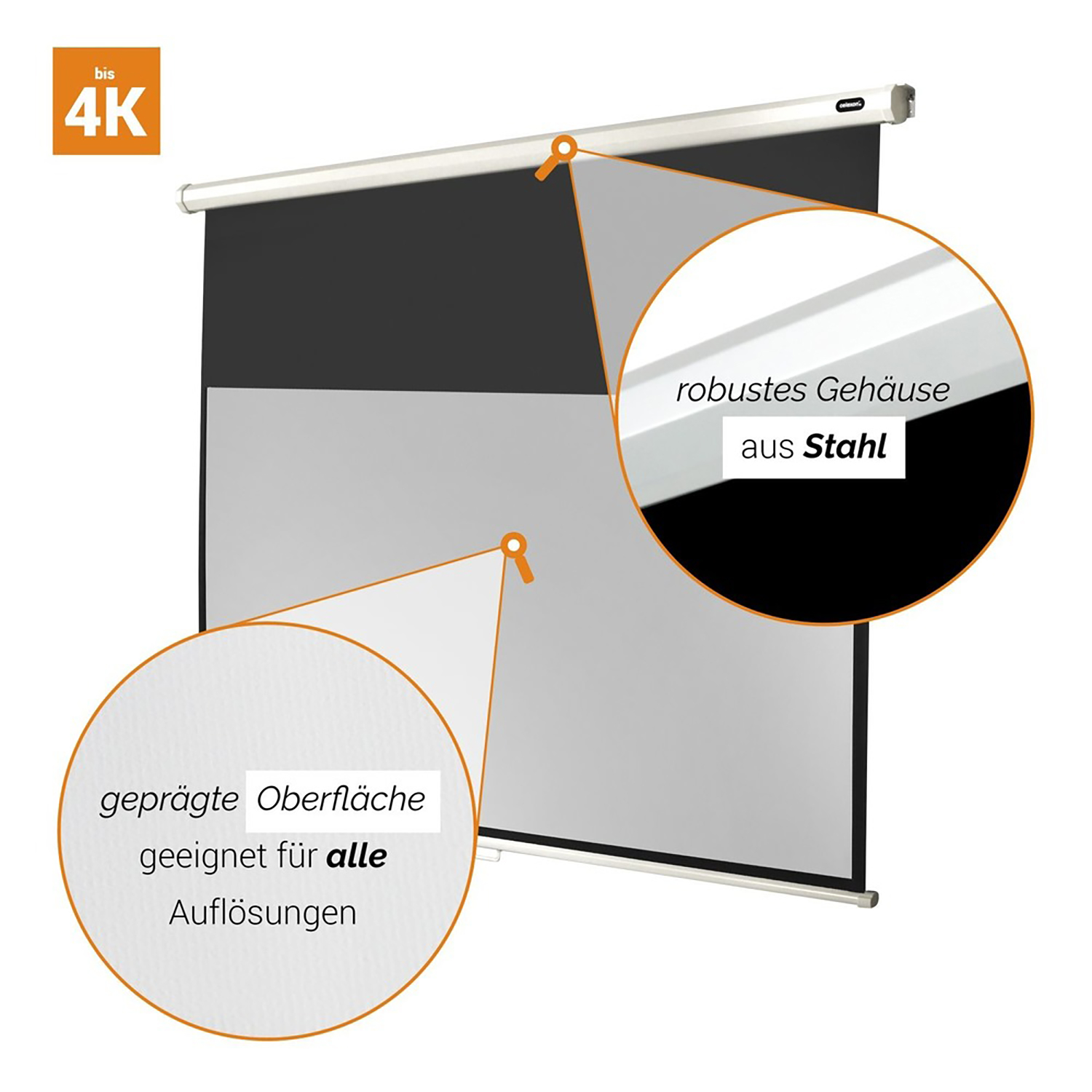 Weiße und schwarze Projektorleinwand mit schwarzem Oberteil. Die Leinwand ist aufgerollt.