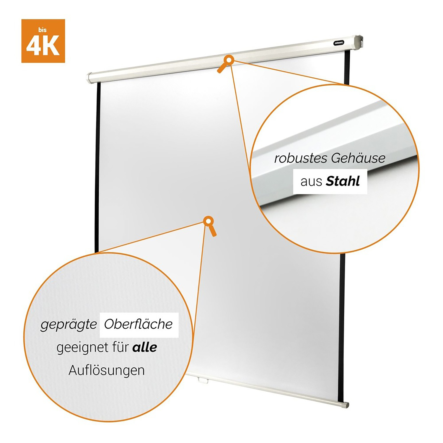 Eine weiße Projektorleinwand mit Text oben und unten, der in einem Kreis vergrößert wird.