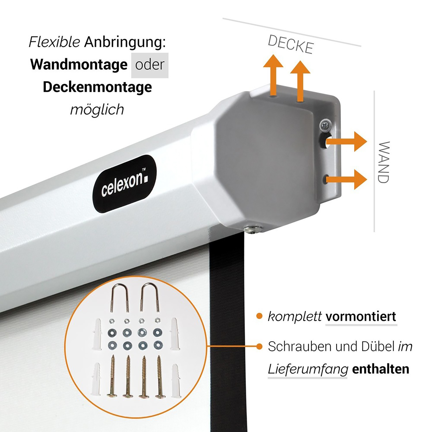 Weiße Projektorhalterung mit Befestigungsmaterial, Pfeile zeigen Wand- und Deckenplatzierung.