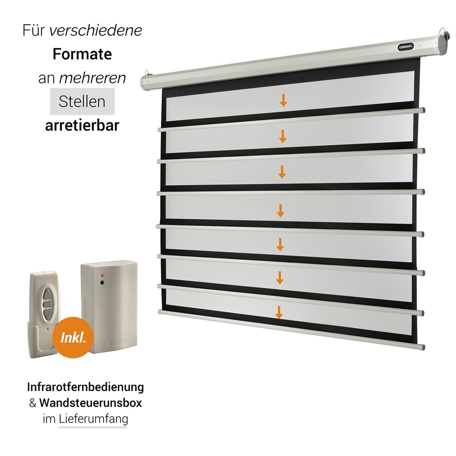 Eine Projektorleinwand mit Fernbedienung und Steuerbox. Pfeile zeigen die Einstellung des Bildschirms.