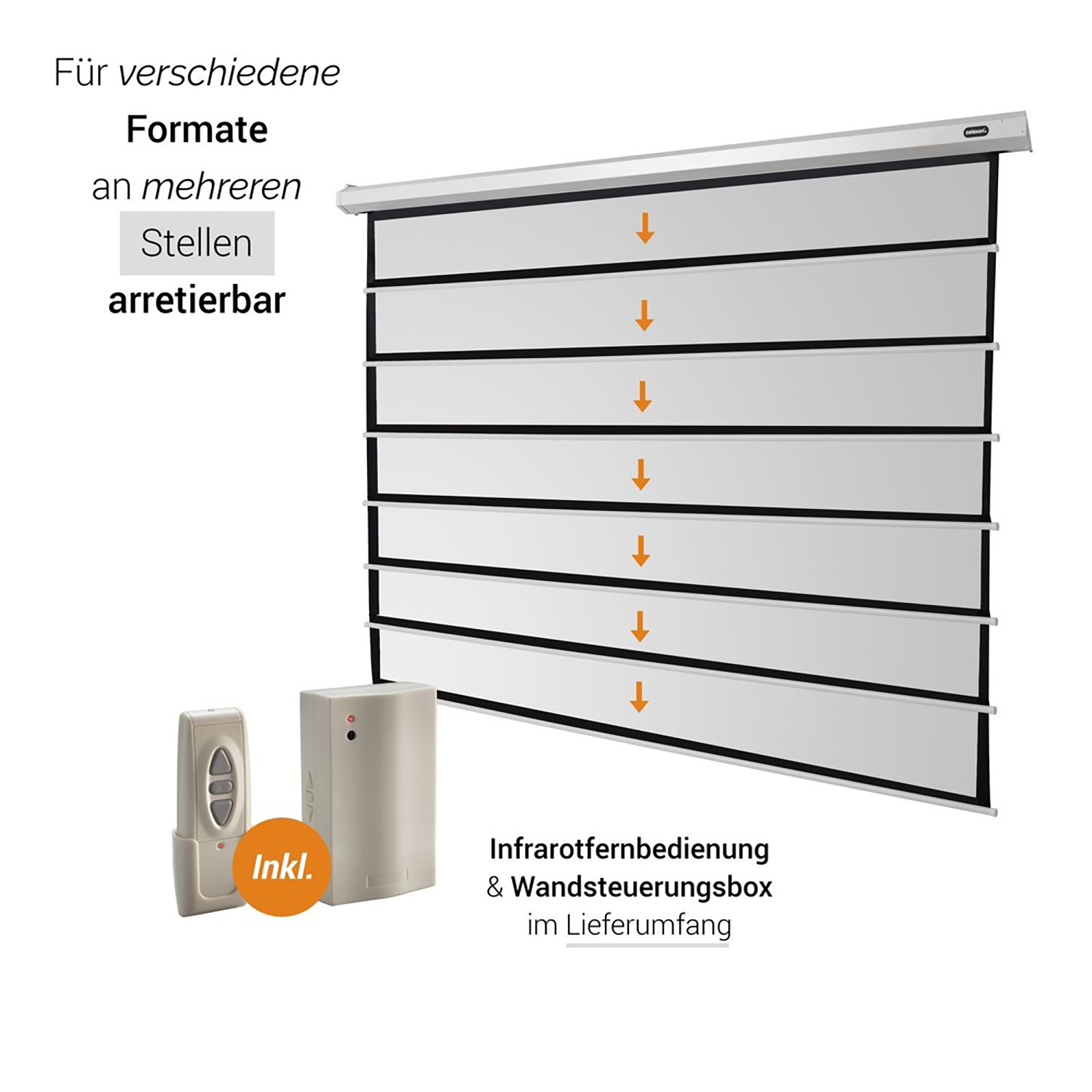 Weiße Projektorleinwand mit Fernbedienung. Es hat Text auf Deutsch. Eine Fernbedienung und eine Wandsteuerung sind ebenfalls gezeigt.
