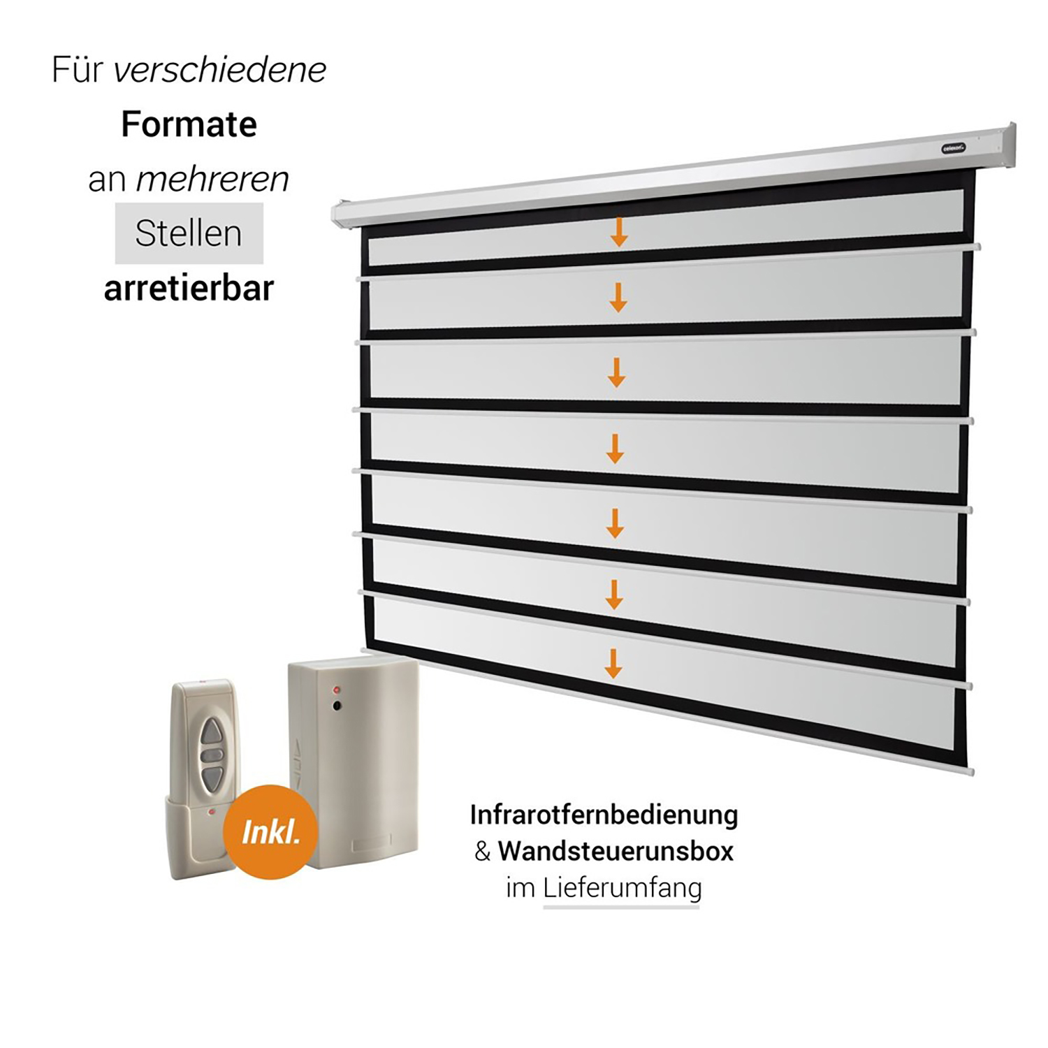 Weiße Projektionsleinwand mit Fernbedienung und Steuerbox auf weißem Hintergrund. Der Bildschirm ist offen.