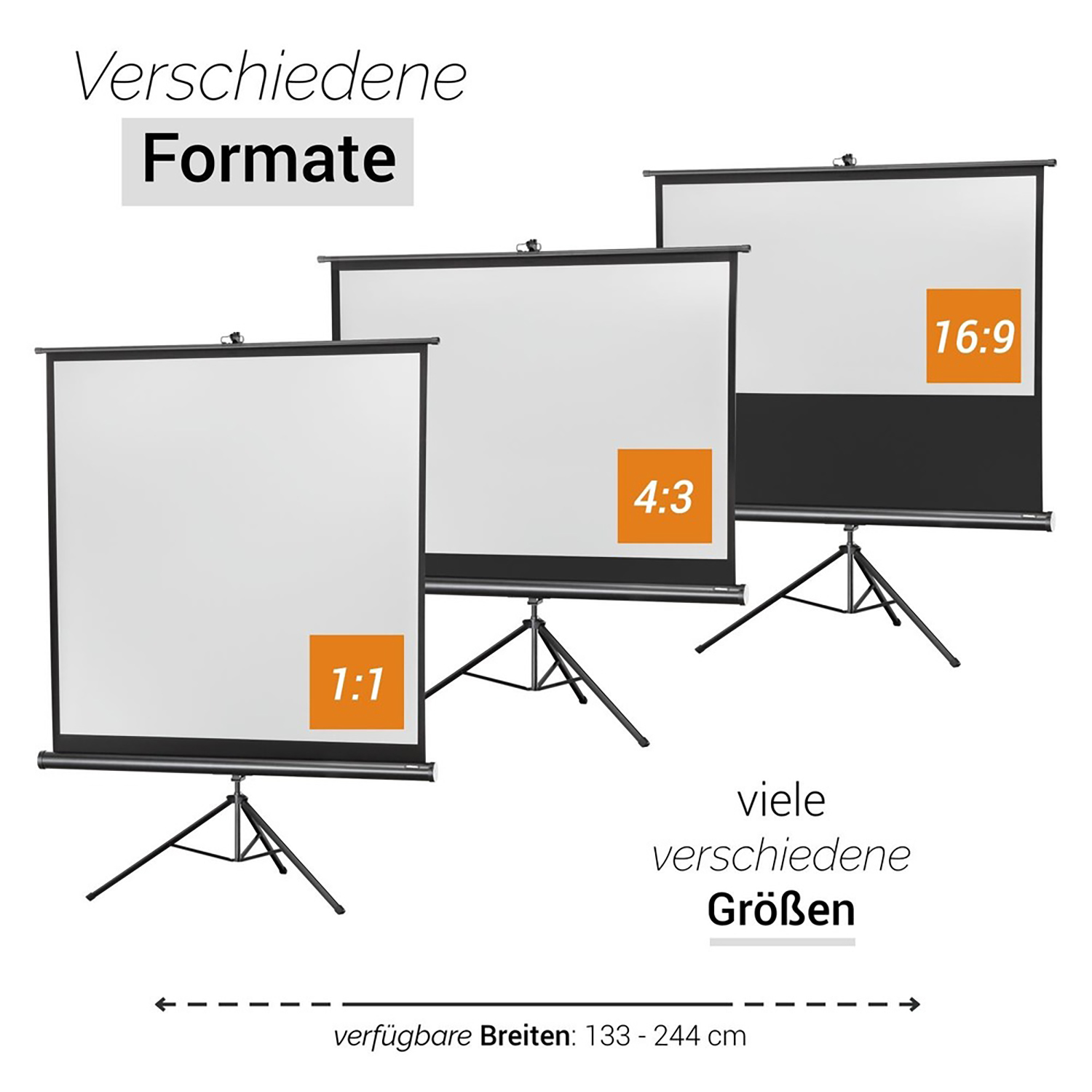 Drei Projektionswände unterschiedlicher Größe. Deutscher Text über die Größen.