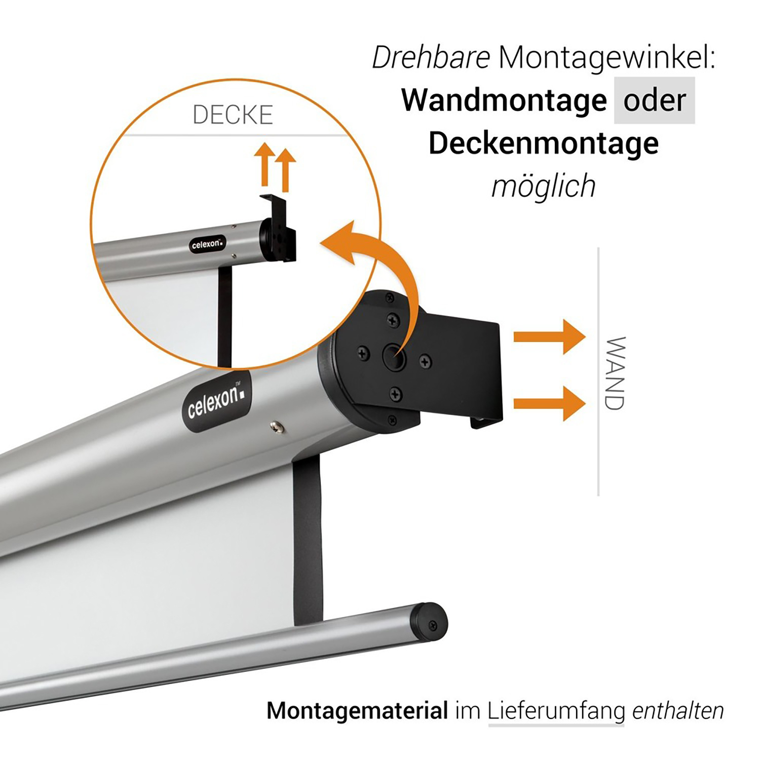Diagramm mit Montageoptionen für eine Projektorleinwand: Wand oder Decke. Text: Wandmontage oder Deckenmontage möglich.