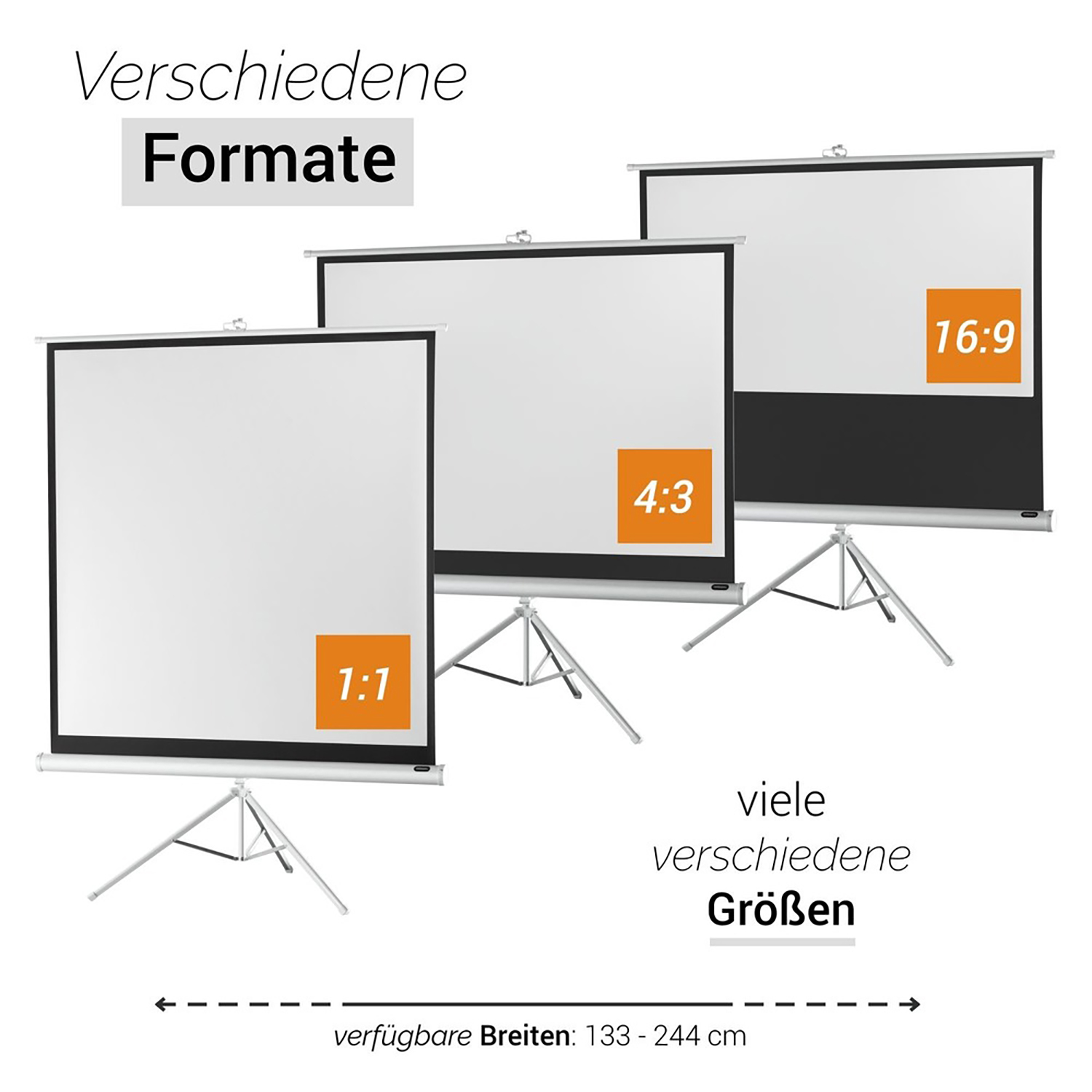 Drei Projektorleinwände in verschiedenen Seitenverhältnissen. 1:1, 4:3 und 16:9. Text auf Deutsch.