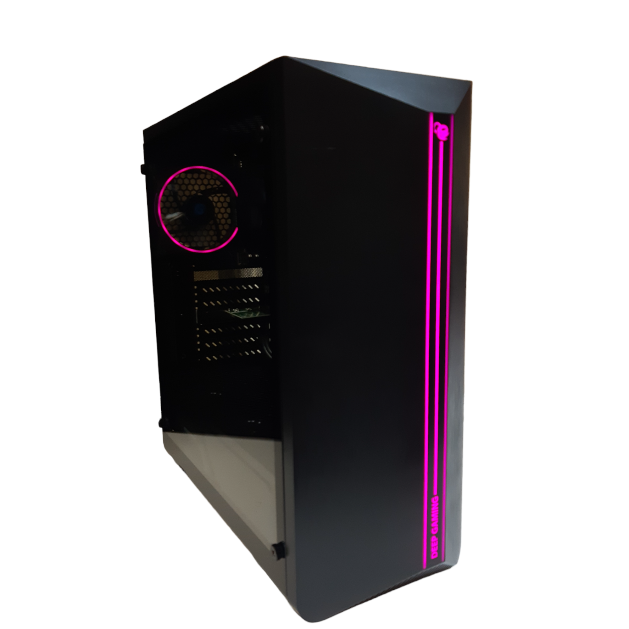 Una caja de computadora negra con luces rosas en el lateral y un ventilador en el interior.