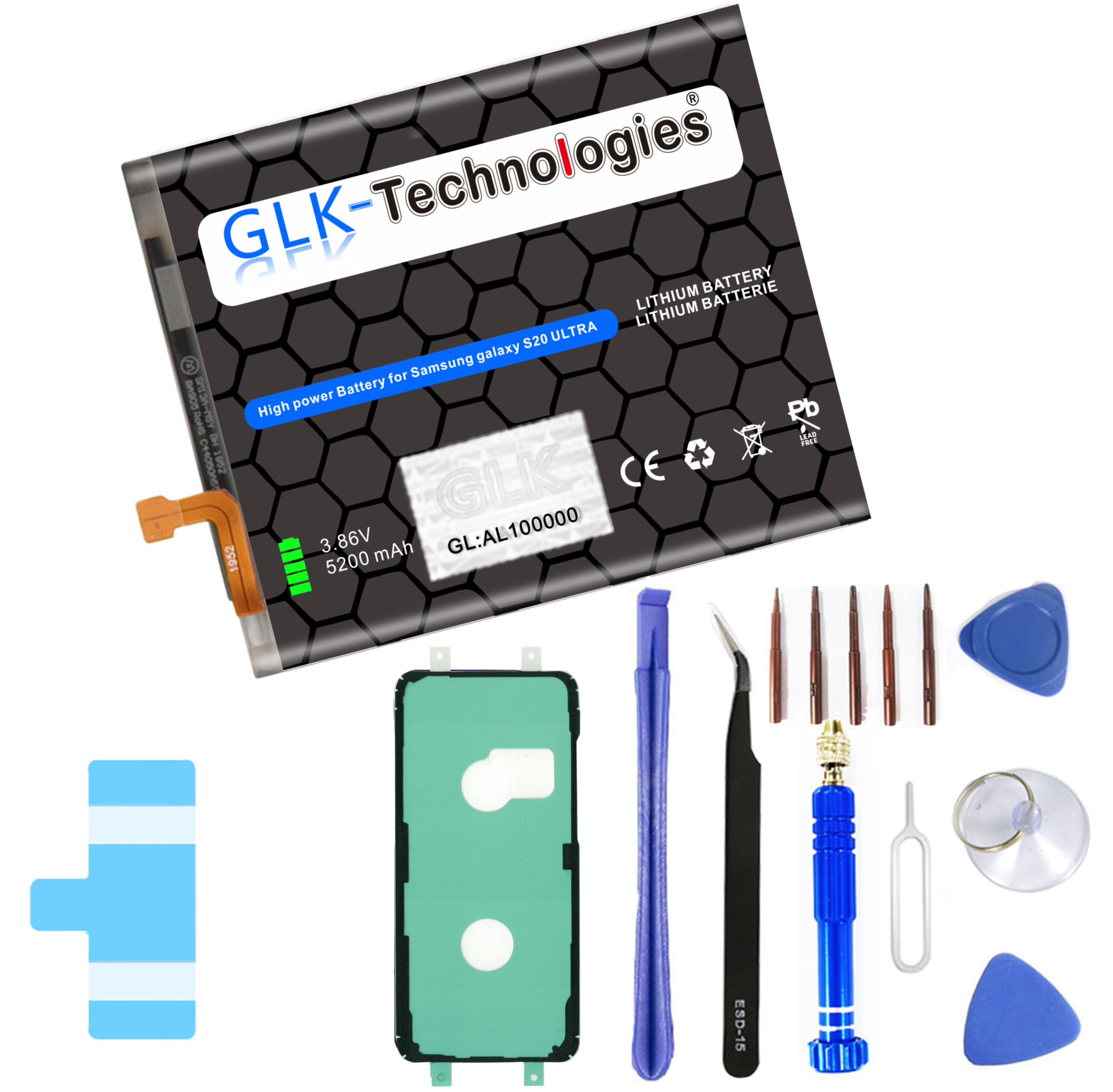 Akku, Handy-Teile und Werkzeuge. Schwarze, grüne und blaue Elemente. Der Akku hat das GLK-Technologies-Logo.