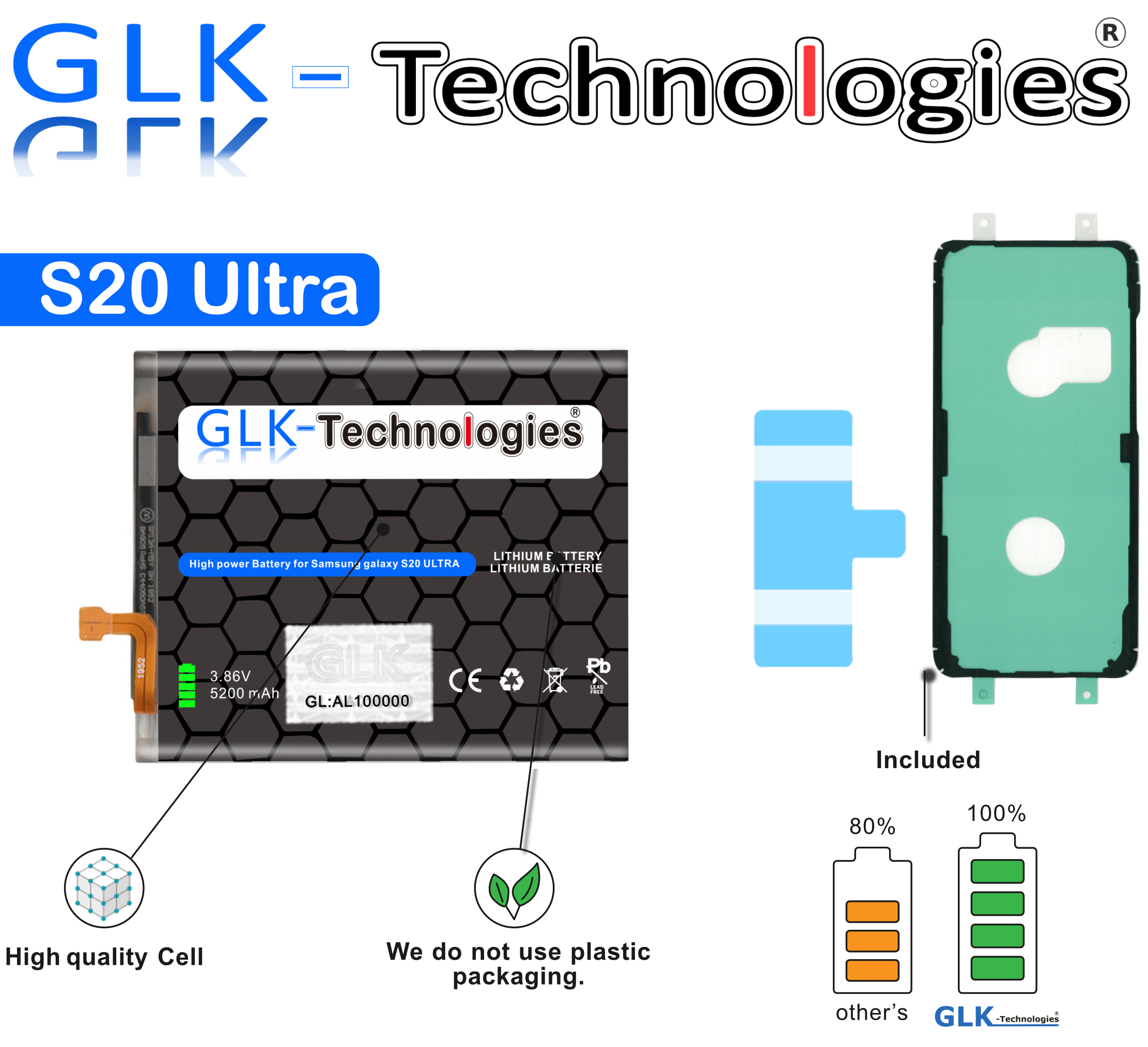 S20 Akku für Ultra Samsung Lithium-Ionen-Akku Akku GLK-TECHNOLOGIES inkl. Ersatz SM-G988B 5200mAh Klebebandsätze Ersatz Galaxy
