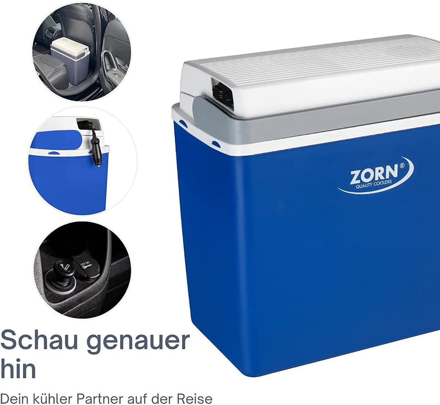 Frigorifero blu con coperchio bianco, piccole immagini di utilizzo in auto. Testo: Refrigeratori di qualità Zorn.