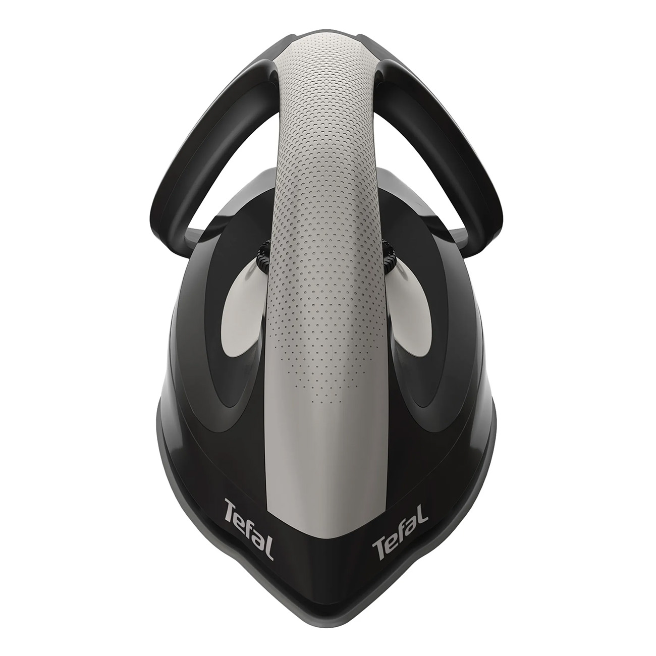 Czarne i szare żelazko, widok z góry, z wyświetloną nazwą marki "Tefal".