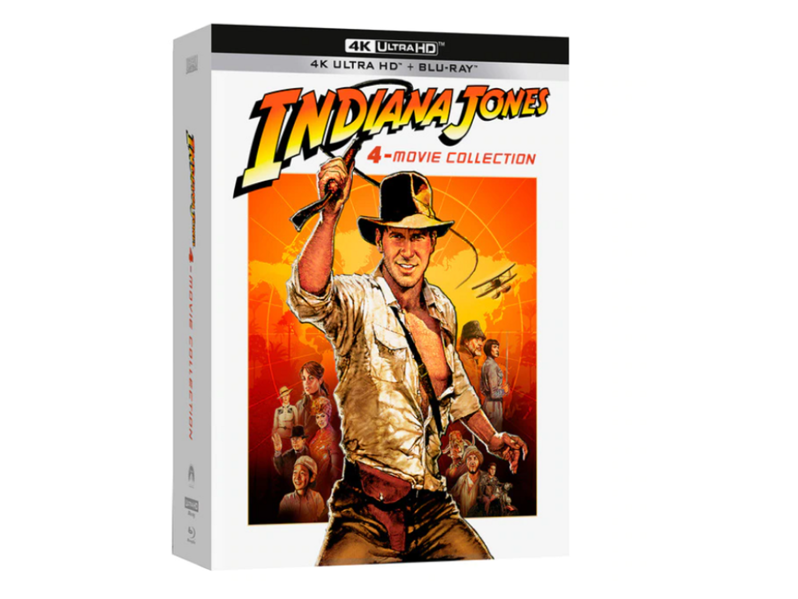 Portada de la película de Indiana Jones con Harrison Ford, sosteniendo un látigo, con un mapa del mundo de fondo.