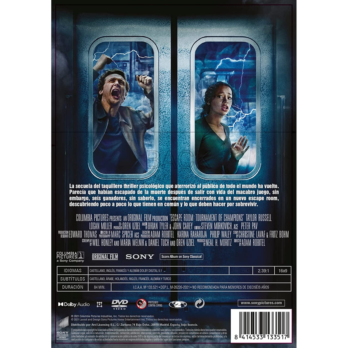 Portada de DVD. Dos personas, relámpagos y texto en español. Título: 'Escape Room: Tournament of Champions'.