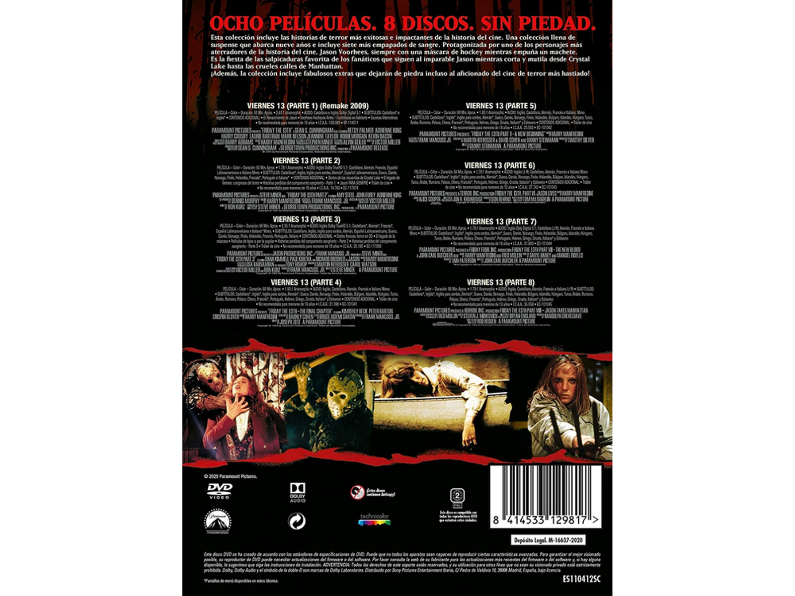 Set de DVD de películas de terror con varias portadas. Texto en español. Parte trasera de la caja del DVD visible.