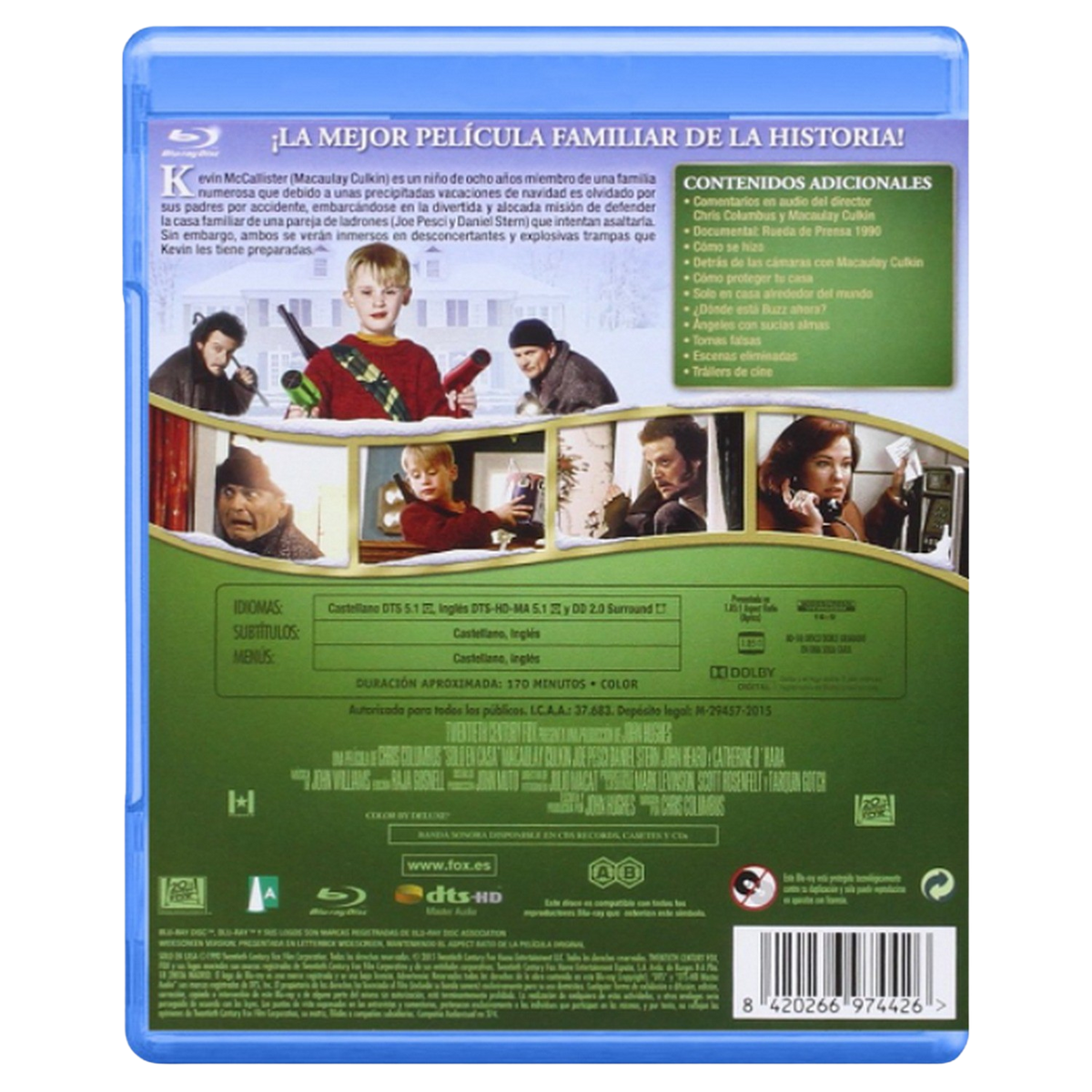 Contraportada de una caja de DVD con texto e imágenes de la película 'Home Alone'.