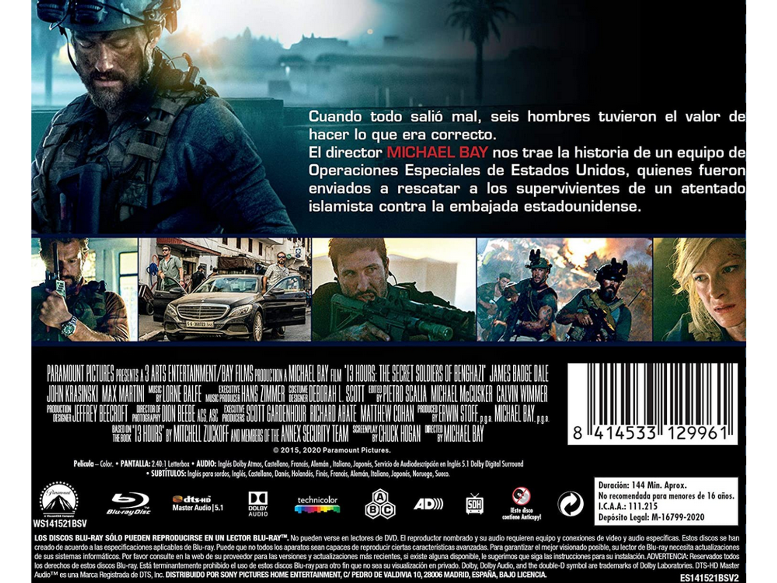 Contraportada de una película, con texto e imágenes de actores.