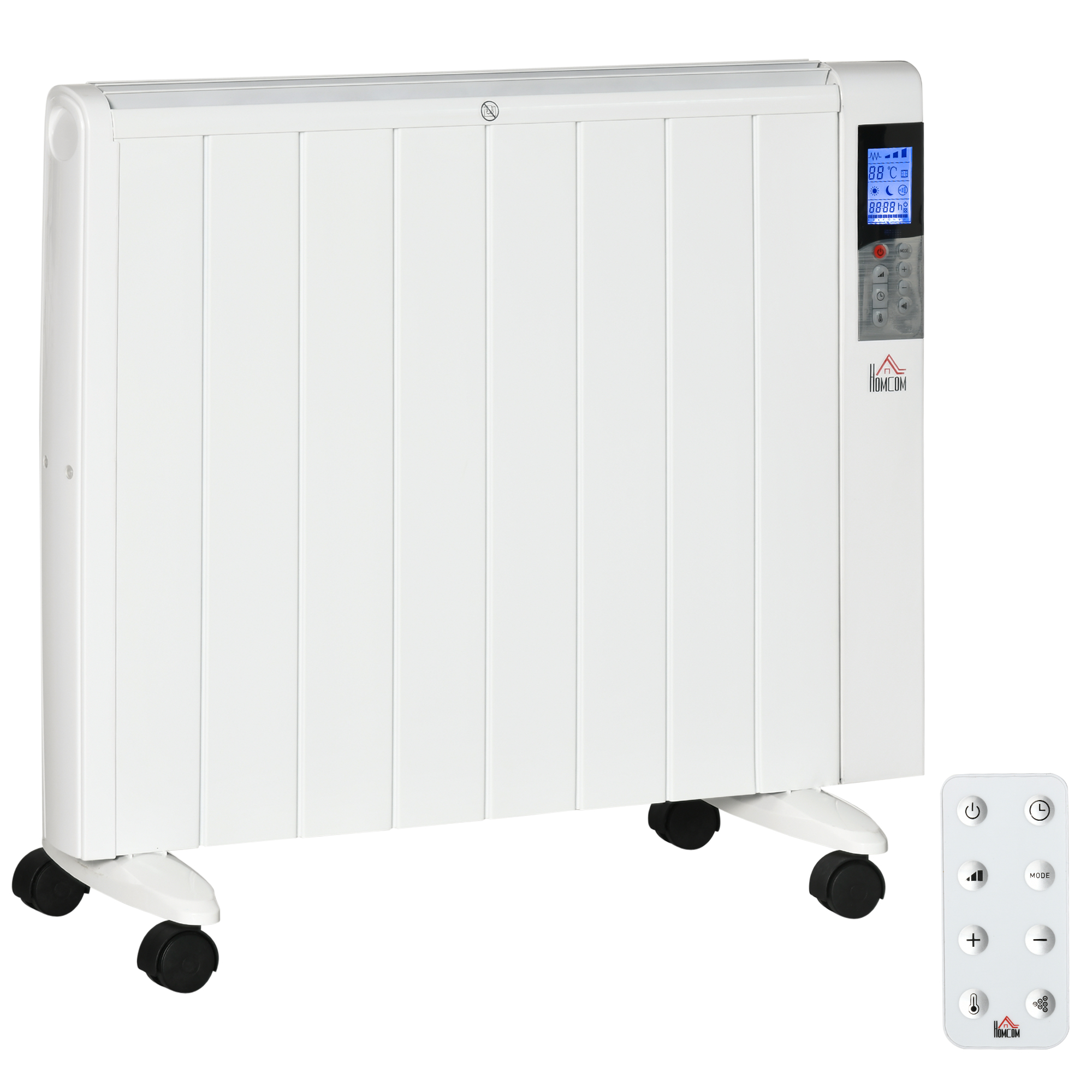 Radiatore elettrico bianco su ruote con display digitale e telecomando.