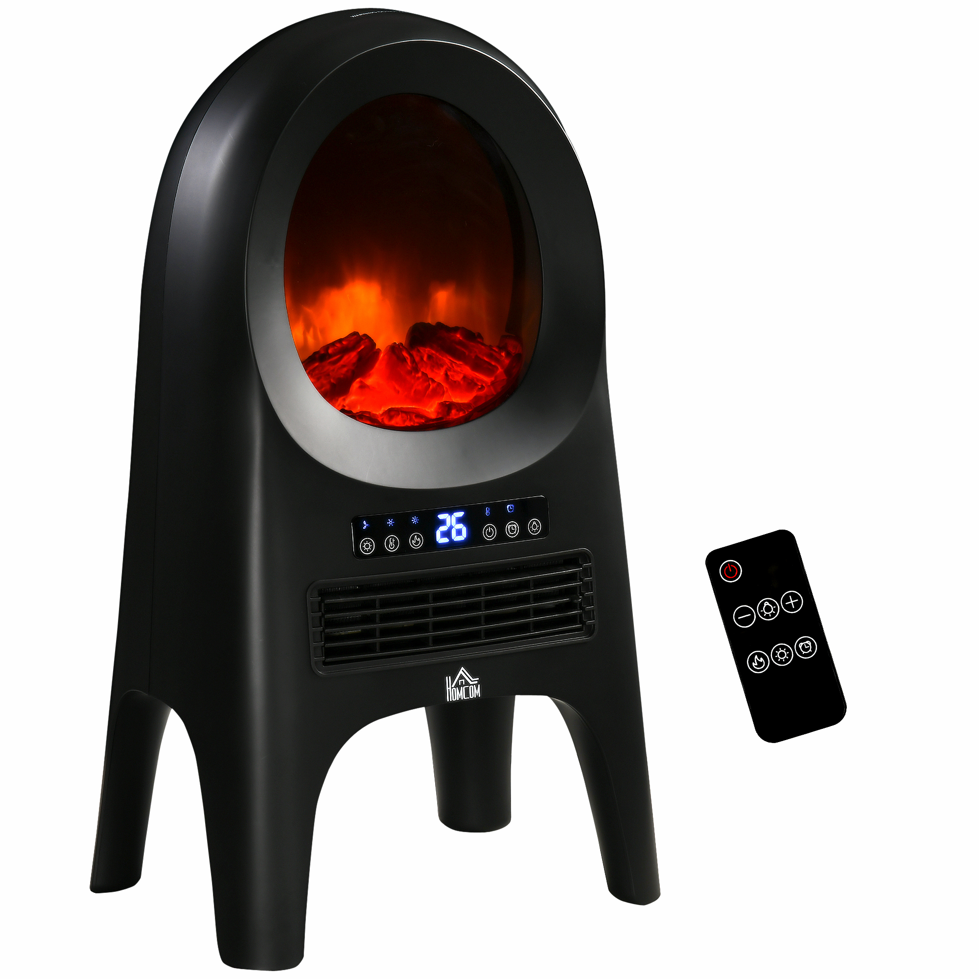 Un caminetto elettrico nero con un effetto fiamma realistico, un telecomando è accanto.