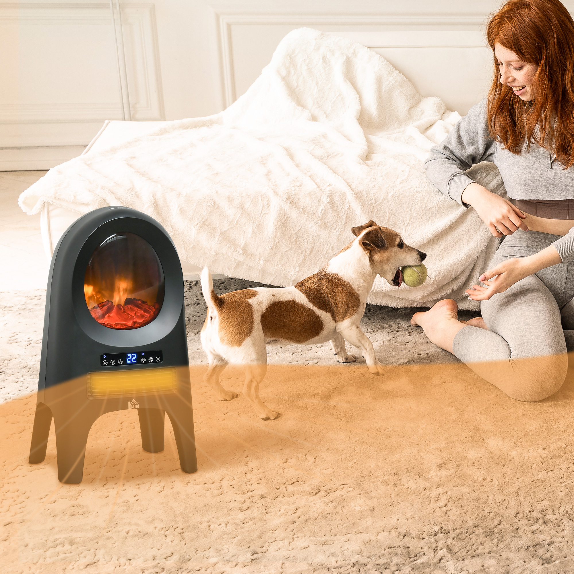 Donna e cane vicino a un termocamino. Tappeto beige e letto.