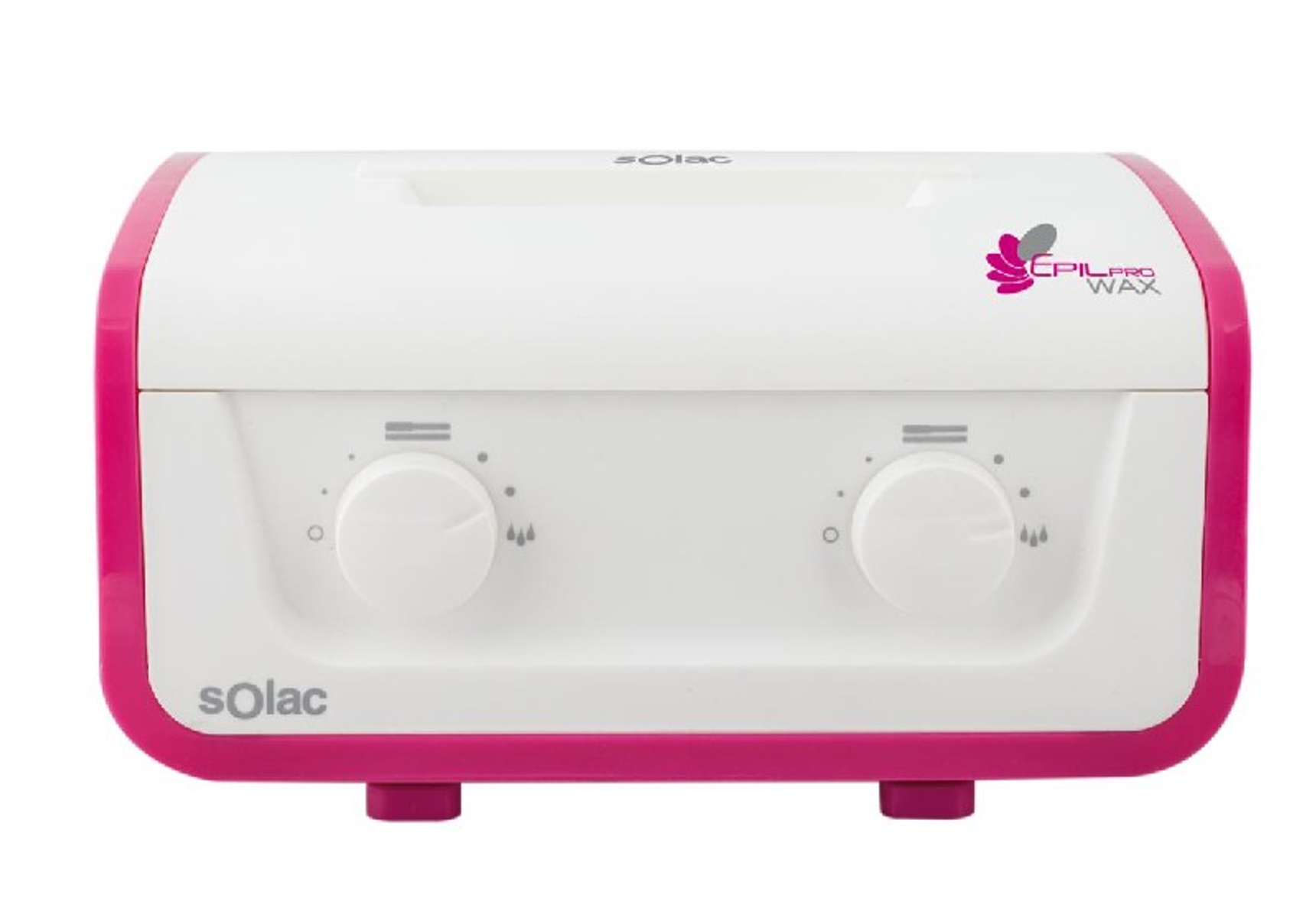 Ein rosa-weißer Wachsheizer mit zwei Bedienknöpfen, beschriftet mit 'sOlac'.
