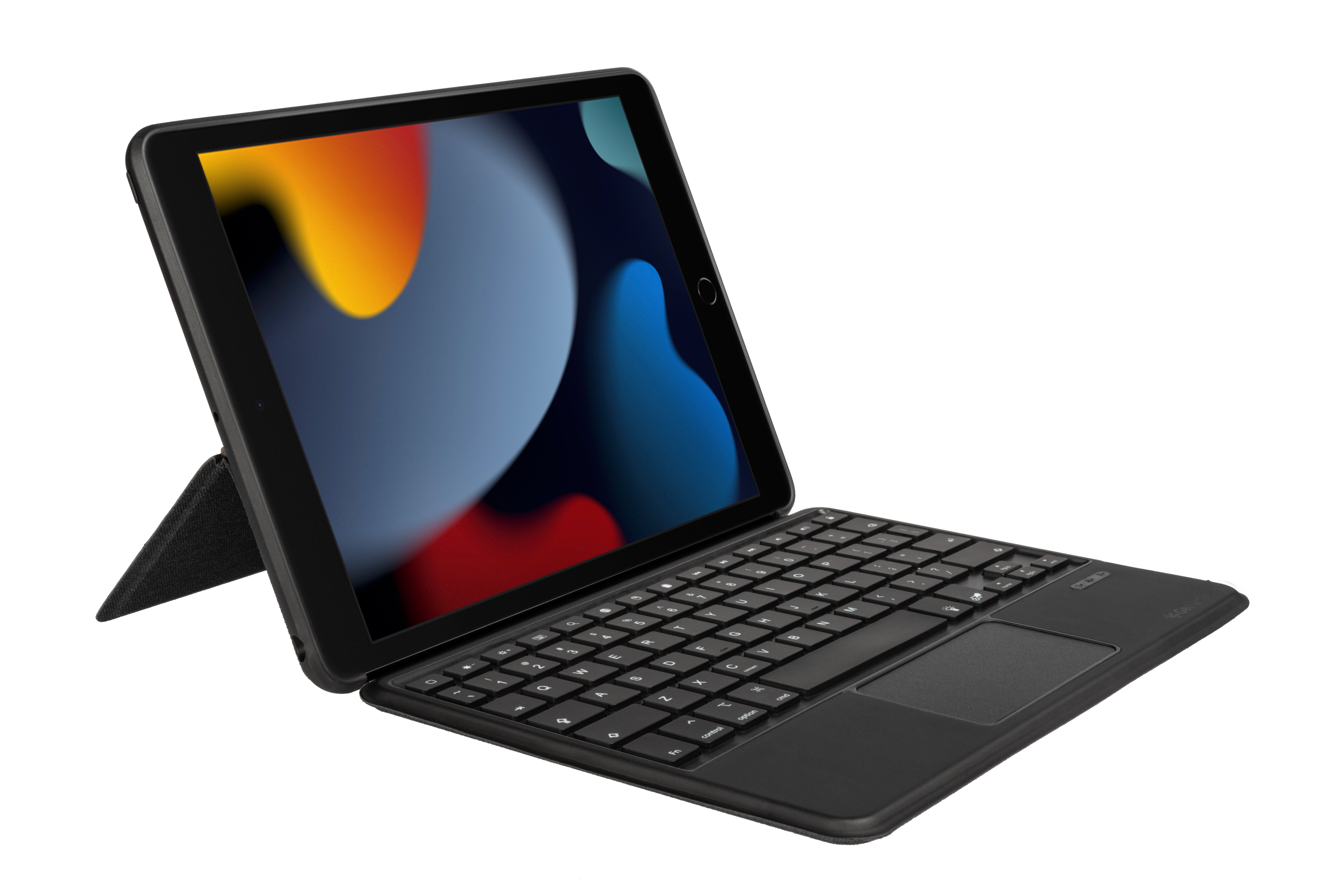 Schwarzes Tablet mit Tastatur und Ständer auf weißem Hintergrund.