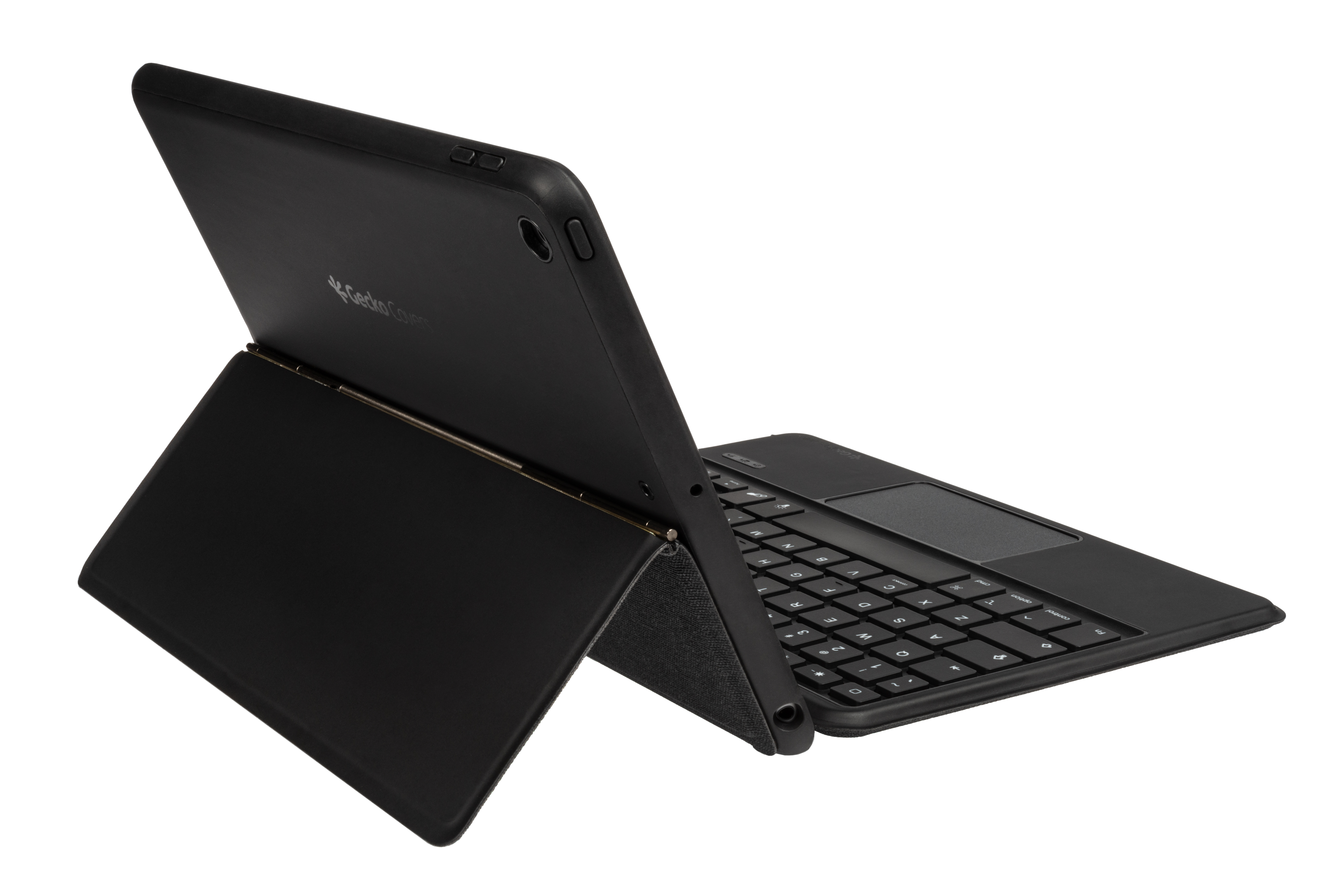 Schwarzes Tablet-Tastaturgehäuse geöffnet. Die Tastatur ist mit einem Trackpad sichtbar. Weißer Hintergrund.
