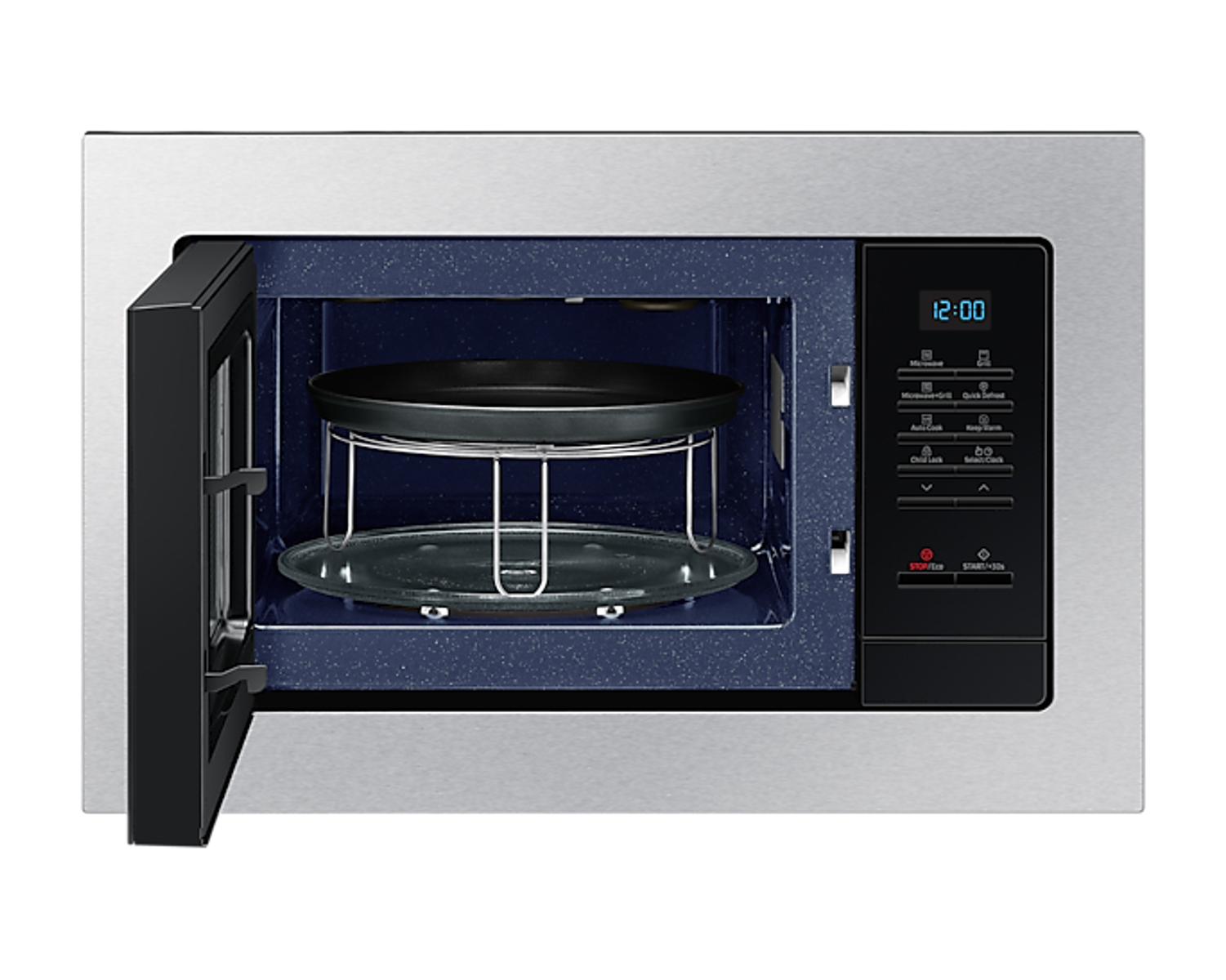 Kuchenka mikrofalowa ze stali nierdzewnej, otwarte drzwi. Wnętrze ma szklaną płytę i ruszt.