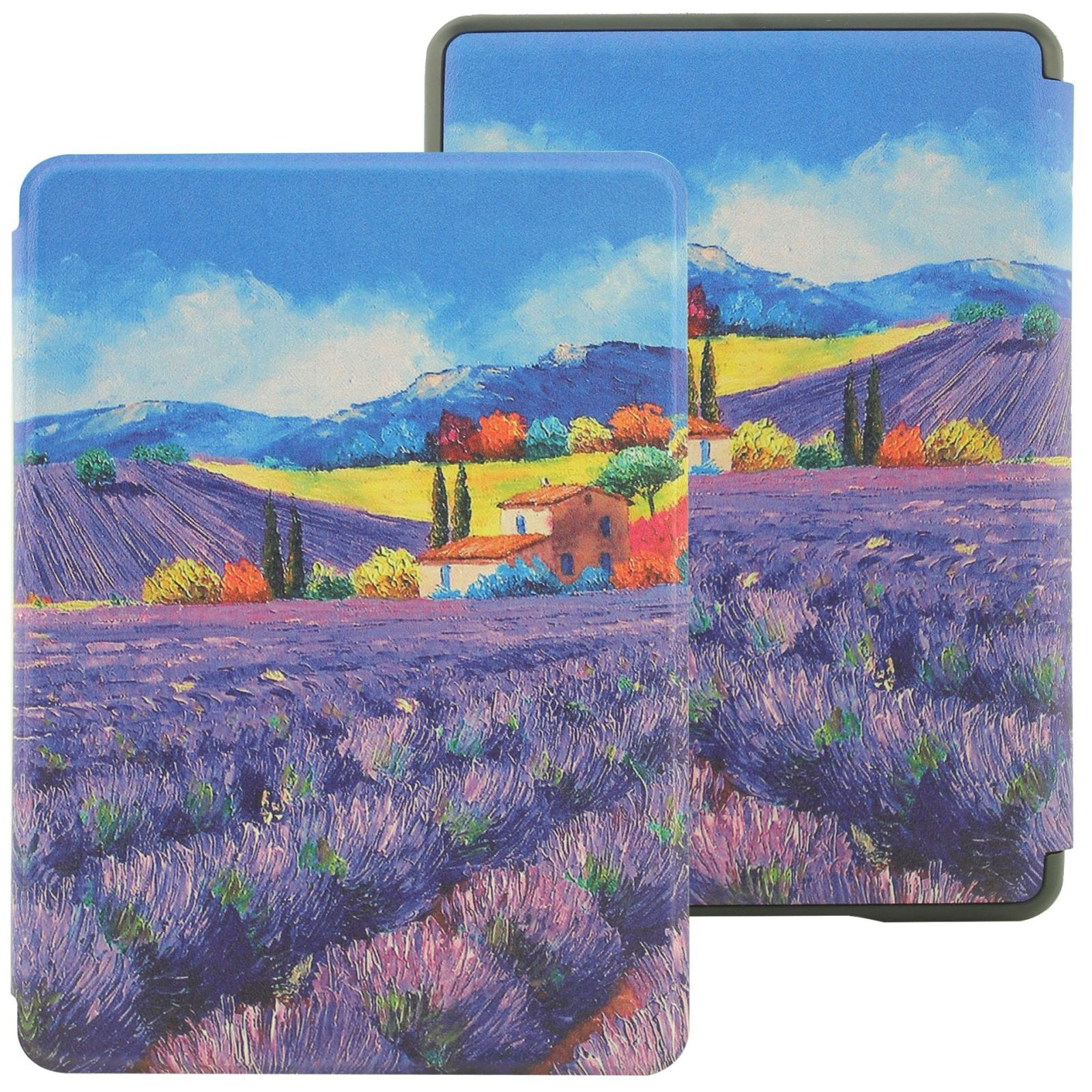 Zwei Tablet-Hüllen mit einer Landschaftsmalerei von Lavendelfeldern und Bergen.