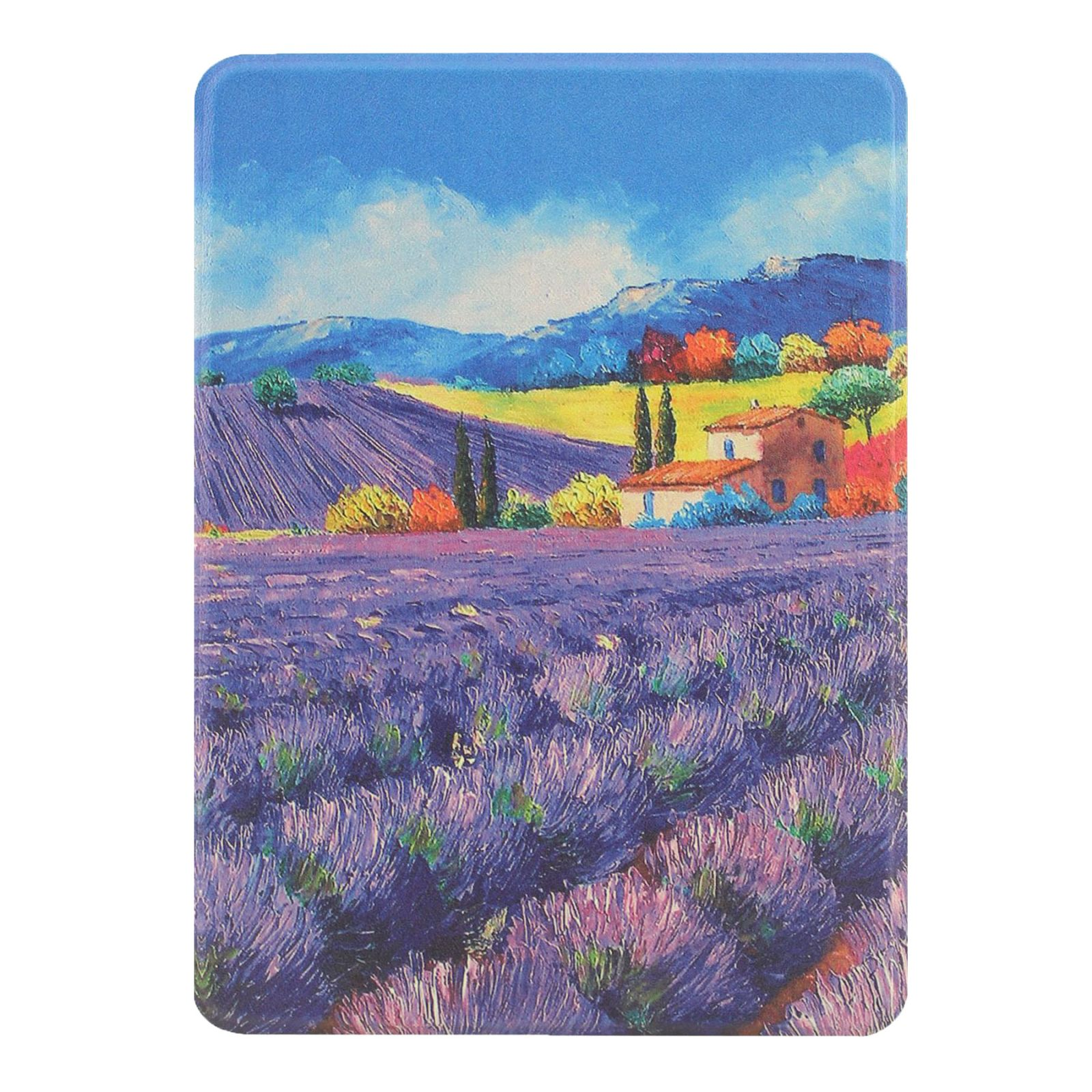 Landschaftsmalerei: lila Lavendelfeld, entfernte Hügel, blauer Himmel mit Wolken.