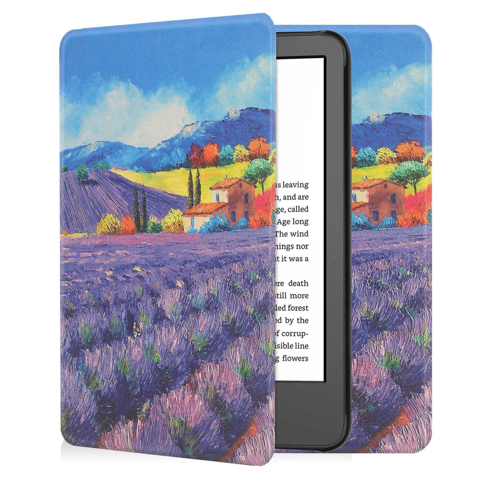 E-Reader in Hülle mit Landschaftsbild. Das Bild zeigt Feld und Häuser.