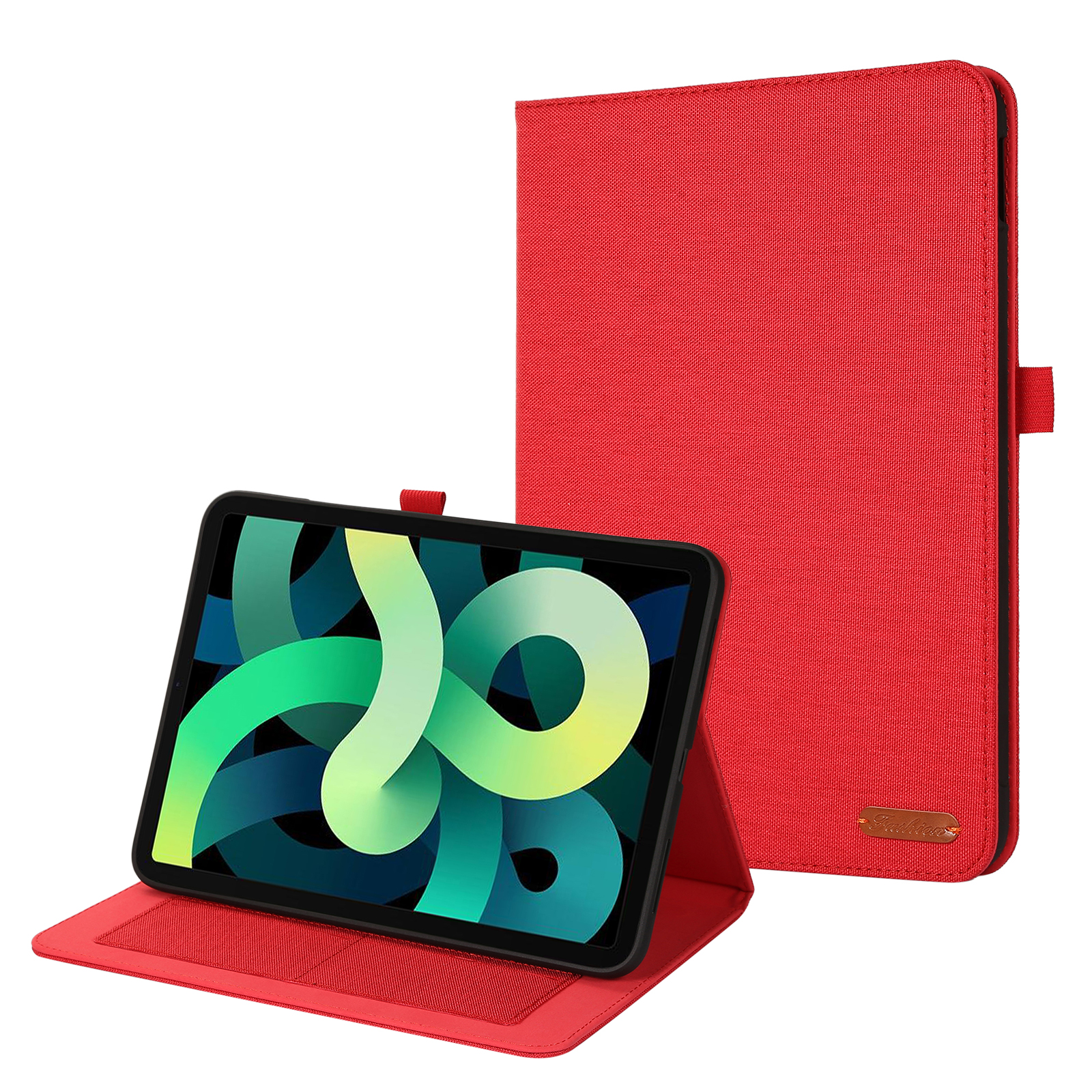 Eine rote Tablet-Hülle mit einem Tablet. Der Tablet-Bildschirm zeigt ein buntes abstraktes Design. Es ist geöffnet.