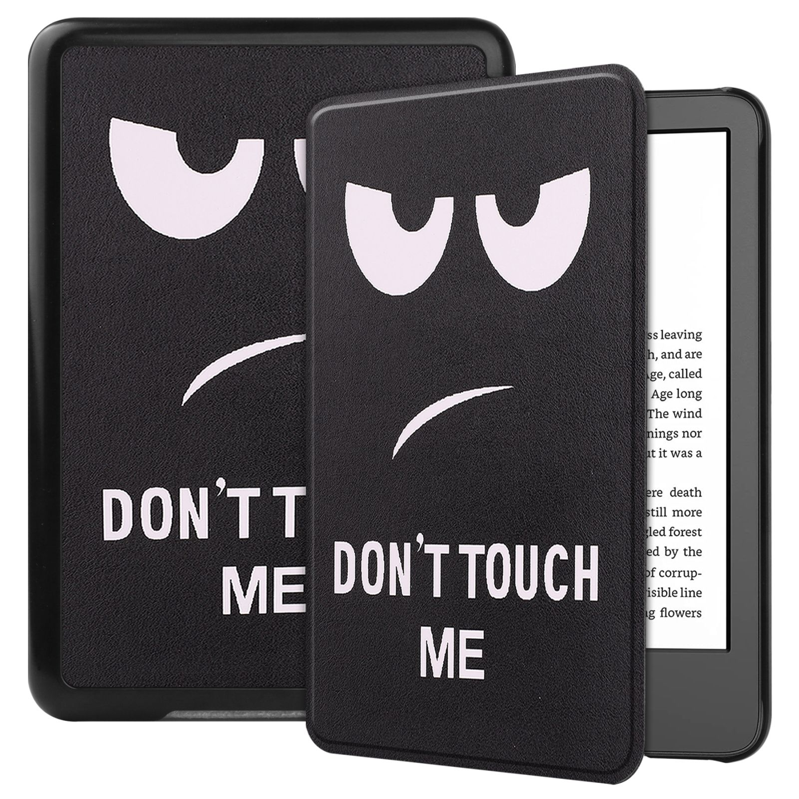 Schwarzer E-Reader mit Hülle. Die Hülle hat ein Gesicht mit bösen Augen und dem Text "DON'T TOUCH ME".