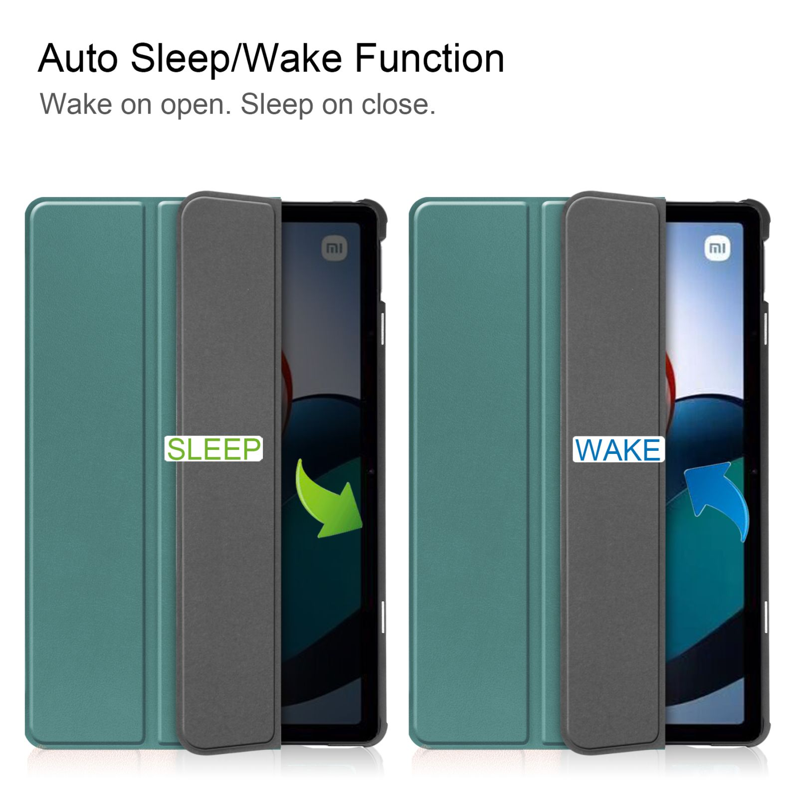 Zwei Tablets mit Hüllen. Eines ist geöffnet und zeigt den Bildschirm, das andere geschlossen. Text sagt 'Sleep/Wake'.