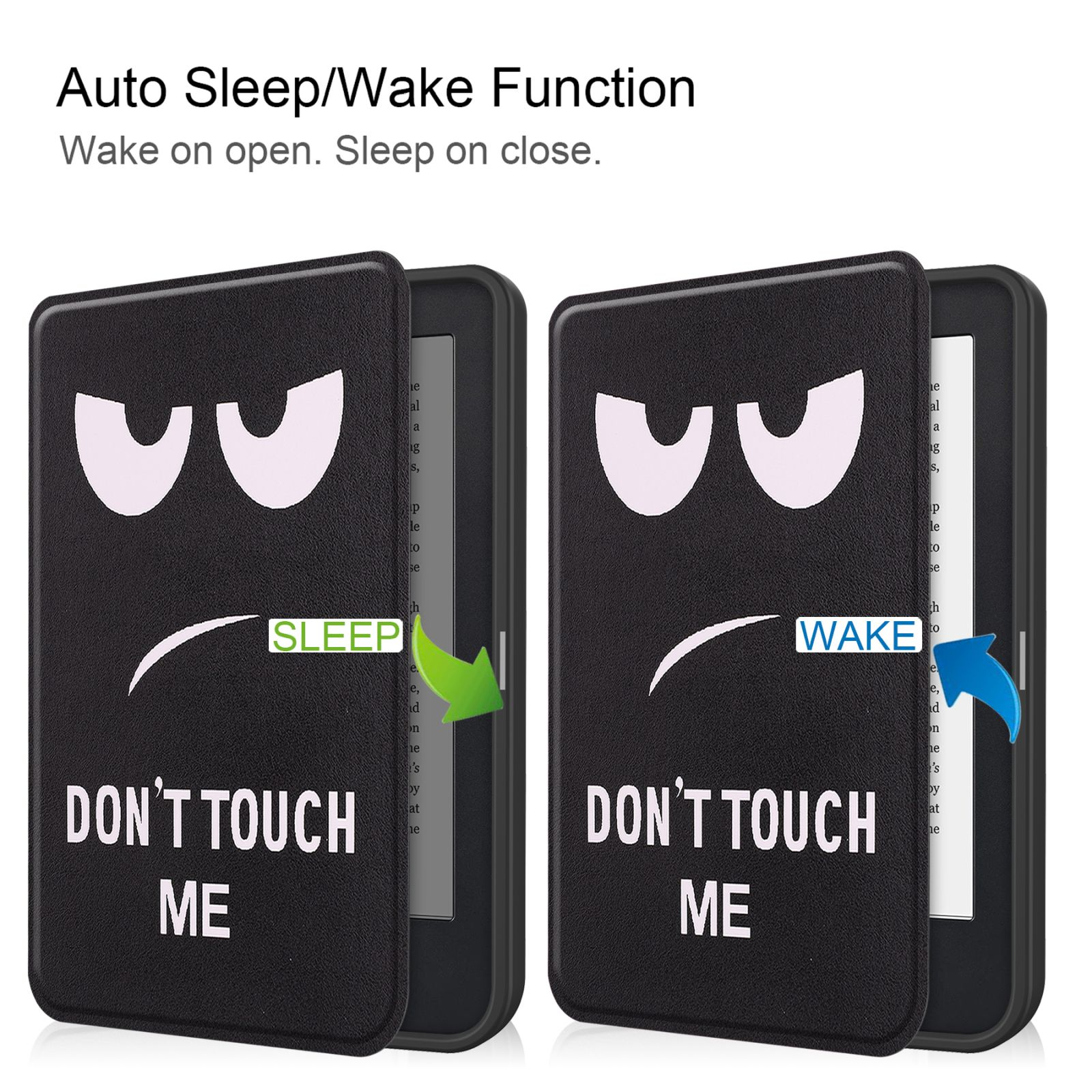 Zwei schwarze E-Reader-Hüllen, eine offen, eine geschlossen. Jede hat ein Gesicht mit grimmigem Ausdruck.
