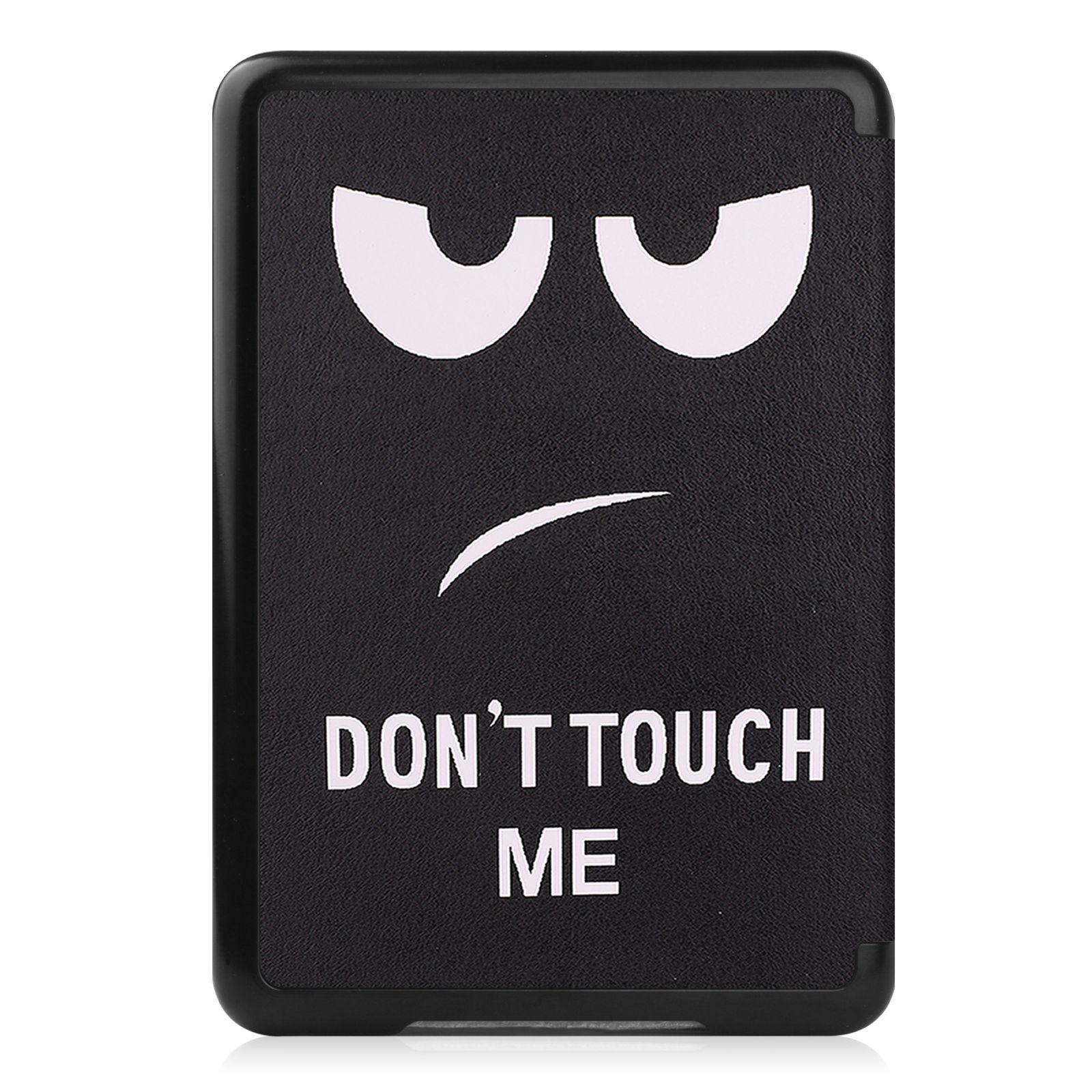 Schwarze Handyhülle mit einem Cartoon-Gesicht, mit weißen Augen, einem gebogenen Stirnrunzeln und dem Text 'DON'T TOUCH ME'.