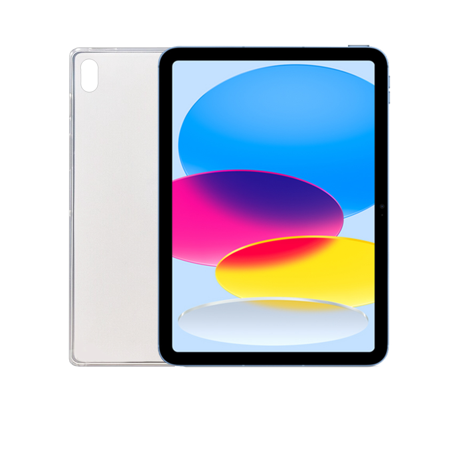Blau-weißes Tablet mit Schutzhülle daneben, weißer Hintergrund.