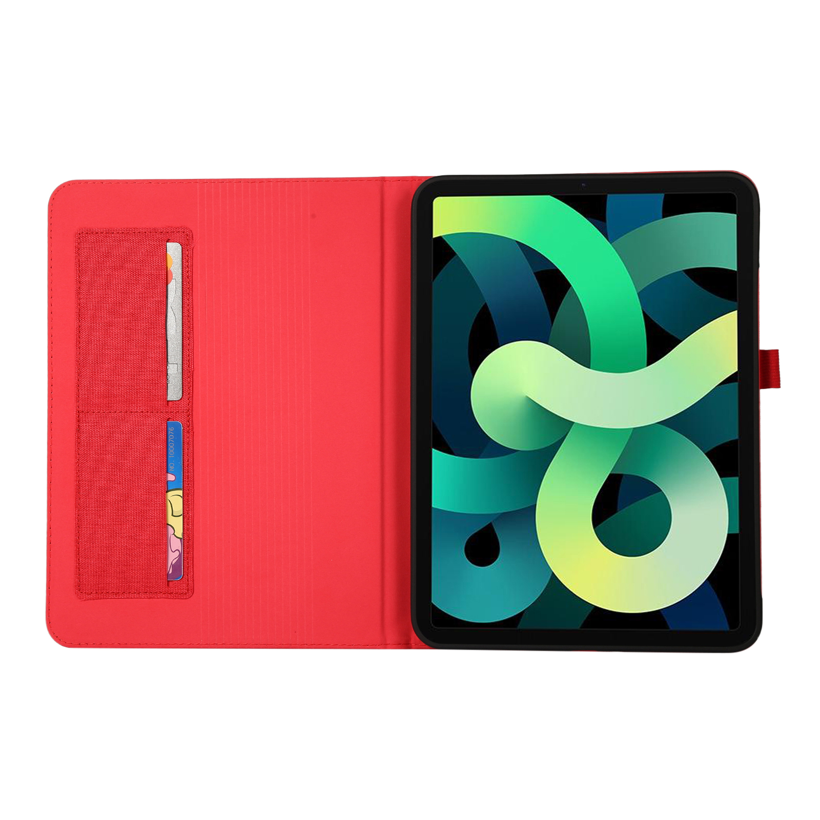 Geöffnete rote Tablethülle, Tablet mit buntem Hintergrund, Kartenfächer.