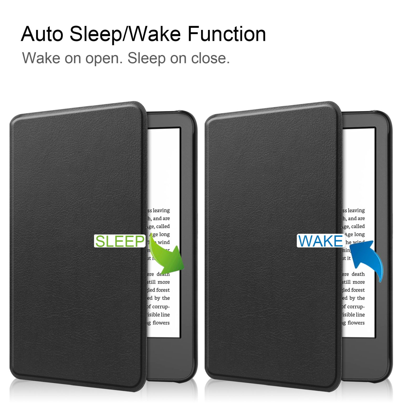Schwarzer E-Reader. Deckel öffnet/schließt. Text: Auto Sleep/Wake Funktion. Pfeile zeigen Schlaf und Aufwachen.