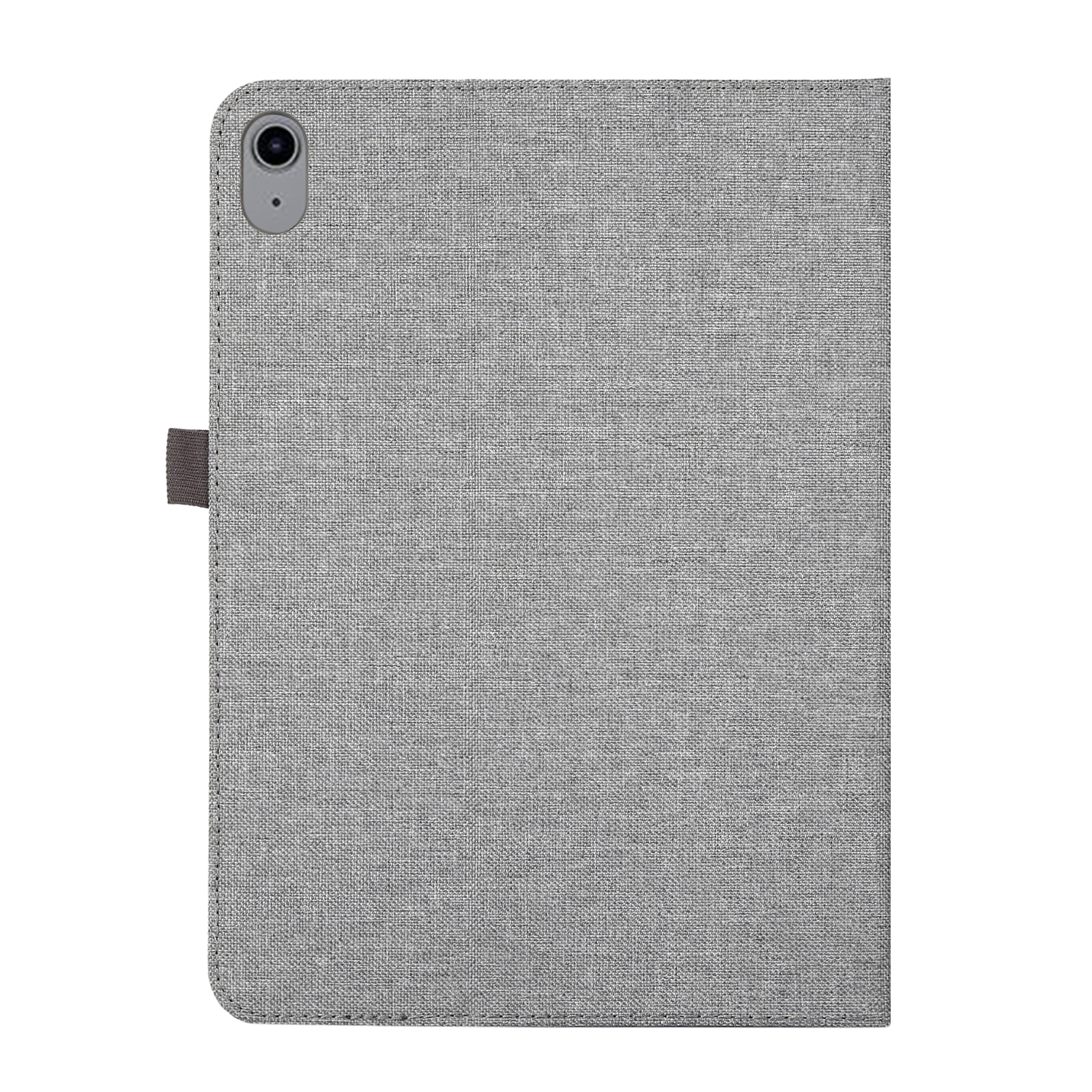 Graue Tablethülle mit Kamera und Lasche. Nahaufnahme.