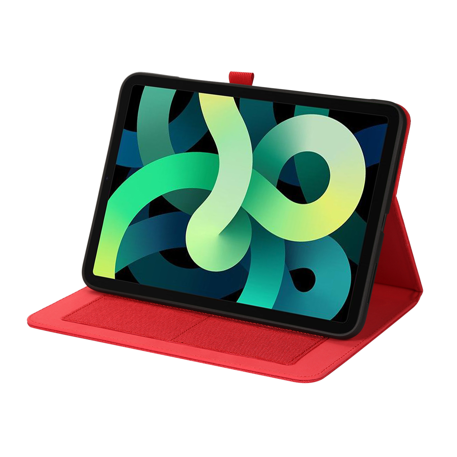 Rote Tablet-Hülle mit einem Tablet, das ein grünes und gelbes abstraktes Bild anzeigt. Die Hülle ist geöffnet.