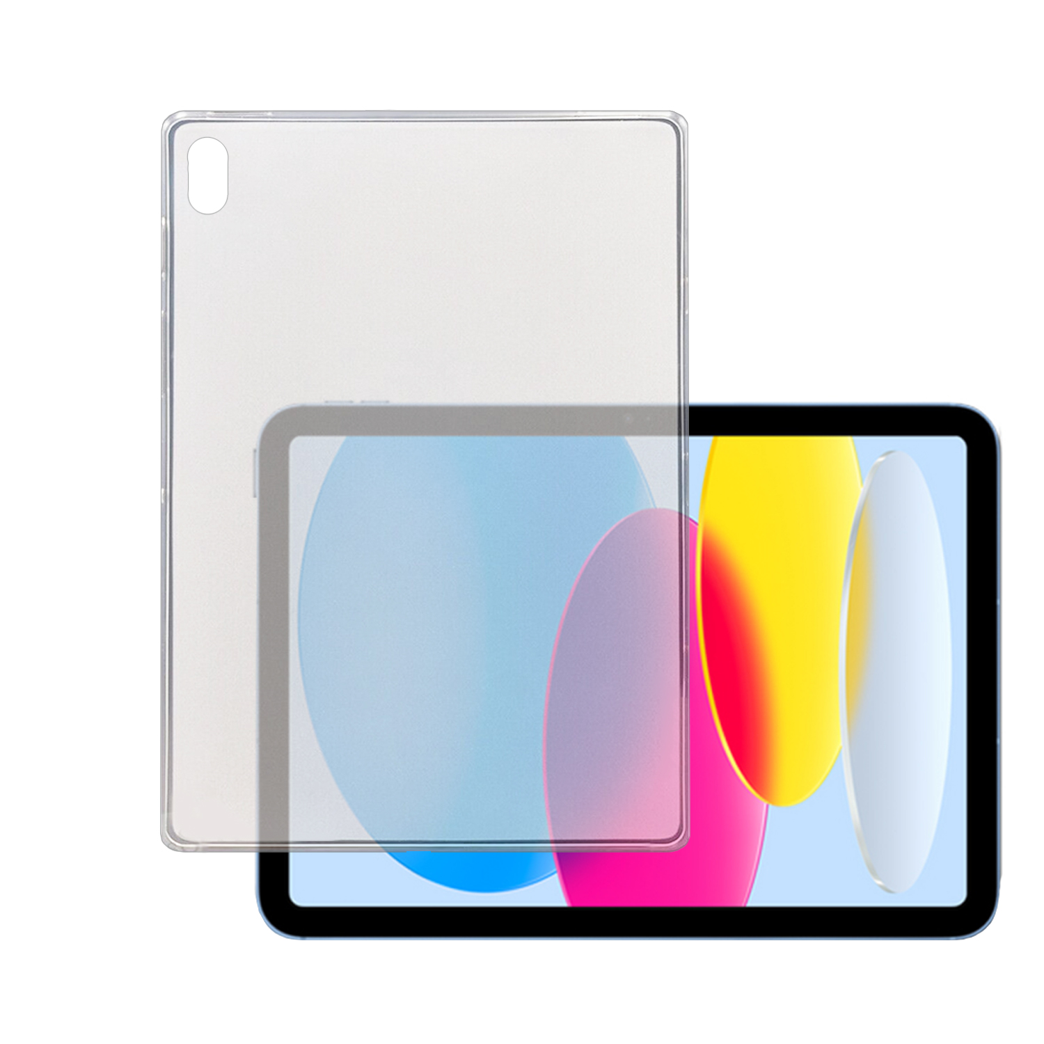 Transparente Tablethülle neben Tablet mit farbenfroher Anzeige. Hülle leicht geöffnet.