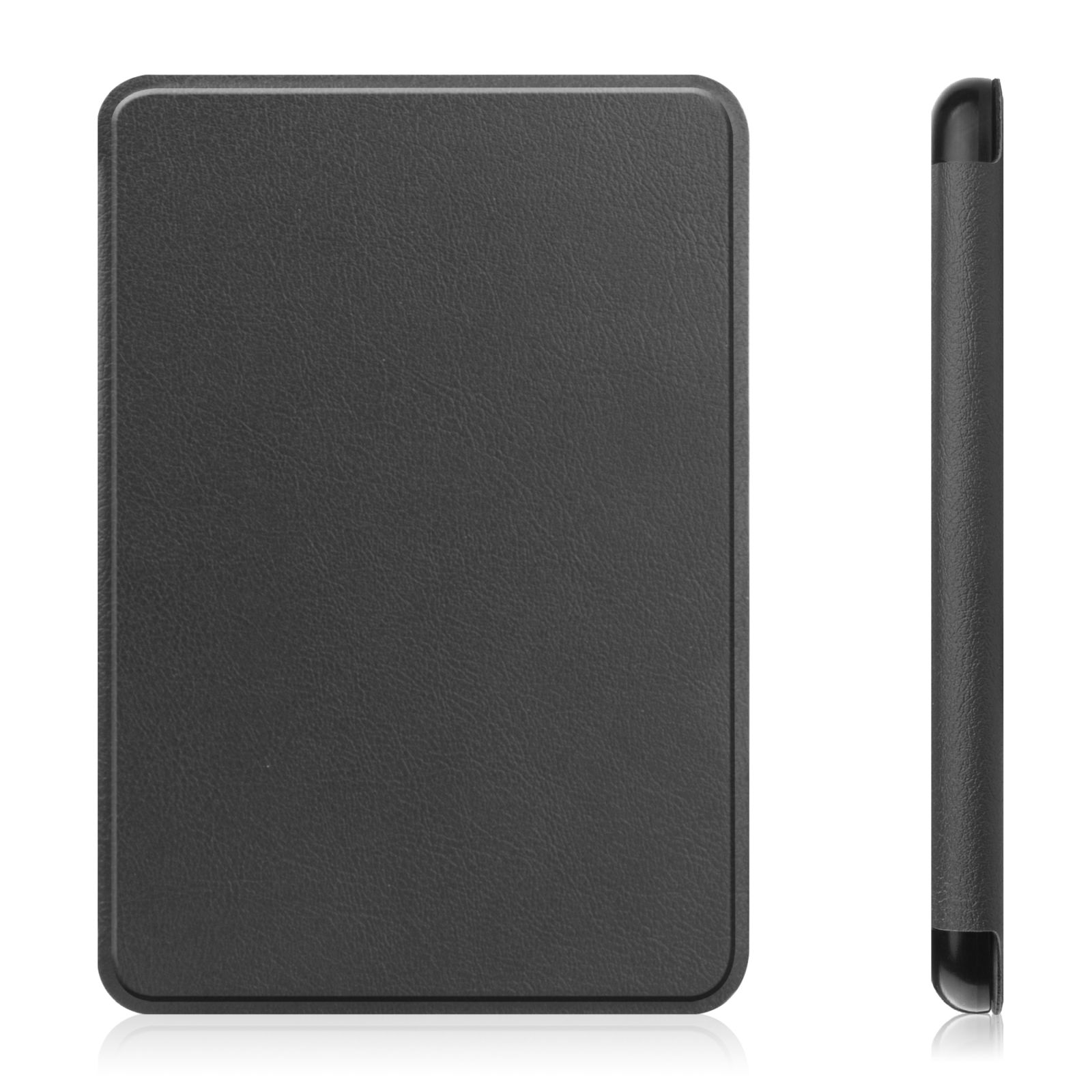 Eine schwarze Hülle für einen E-Reader mit glatter, matter Textur. Die Seitenansicht zeigt die Dicke.