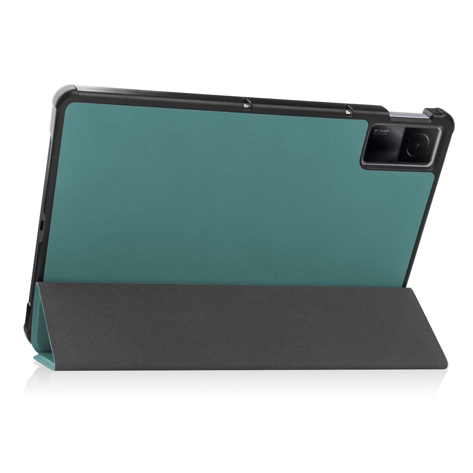 Grüne Tablet-Hülle, die aufrecht steht. Die Rückseite des Tablets ist grün, der Rahmen ist schwarz.