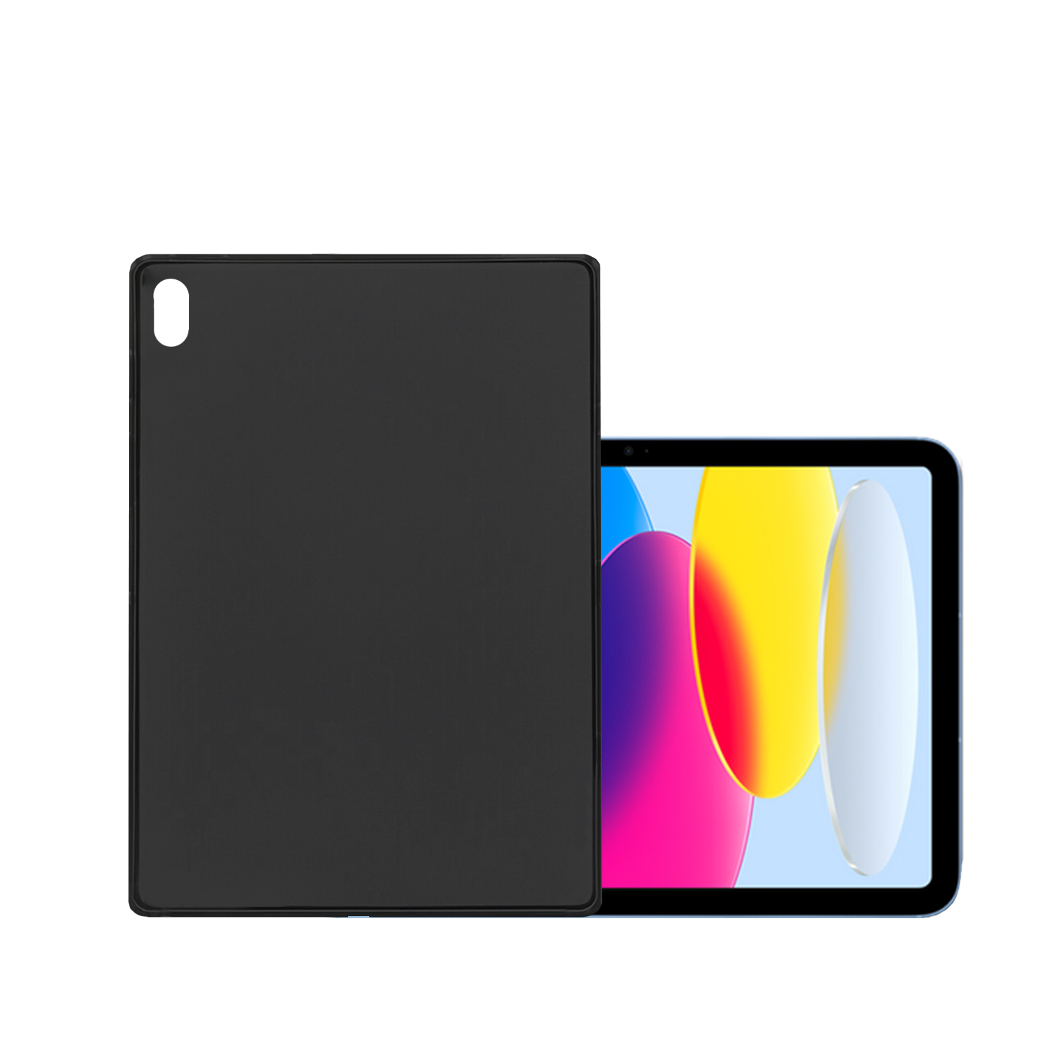 Schwarze Tablethülle und Tablet. Tablet hat farbenfrohen Hintergrund. Die Hülle bedeckt die Rückseite des Tablets.