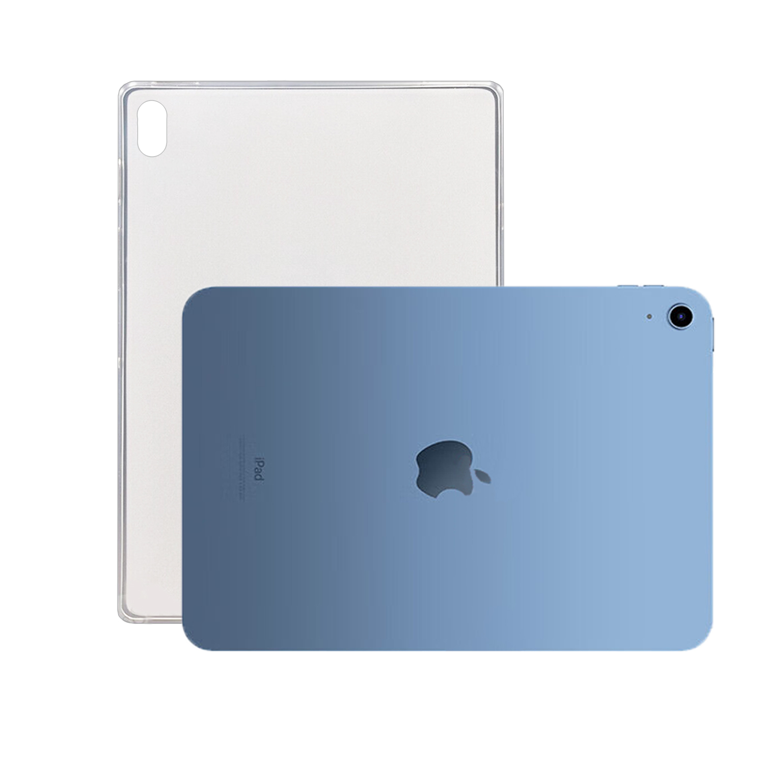 Blaues Tablet mit klarer Schutzhülle. Weißer Hintergrund.