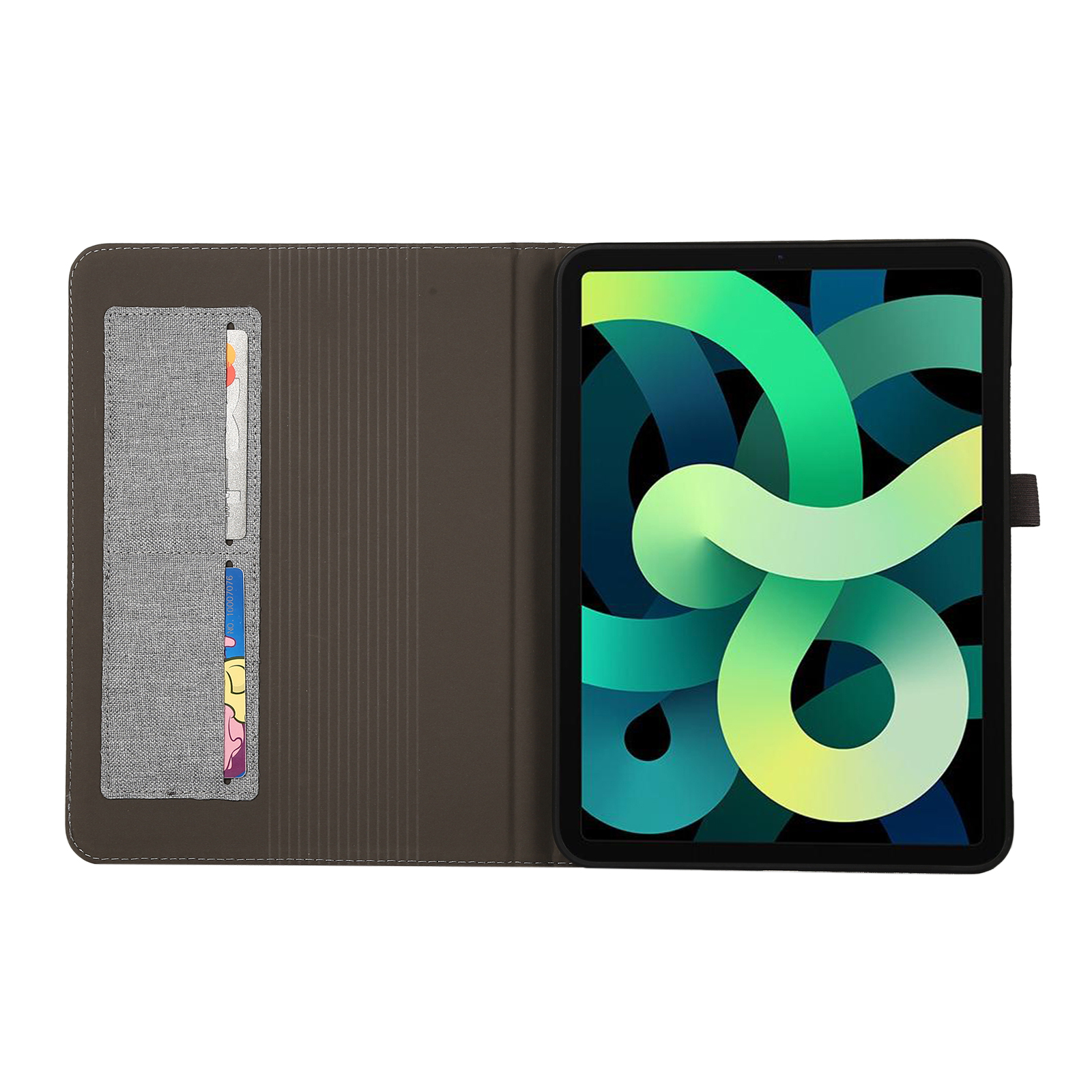 Eine offene Tablet-Hülle, die einen Tablet-Bildschirm mit farbenfroher Kunst und einen Kartenhalter mit Karten zeigt.