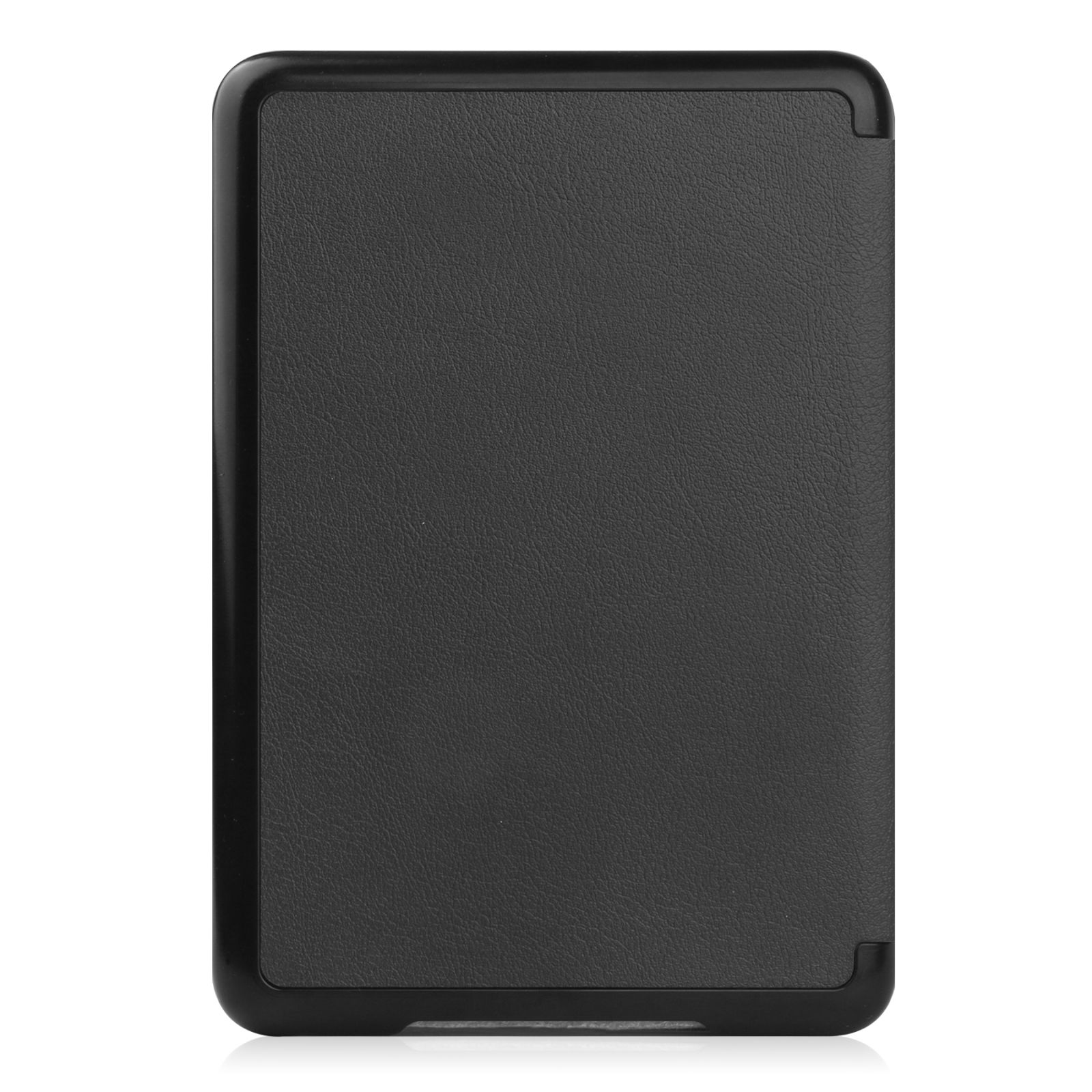 Eine schwarze Hülle für einen E-Reader mit lederartiger Textur auf weißem Hintergrund.